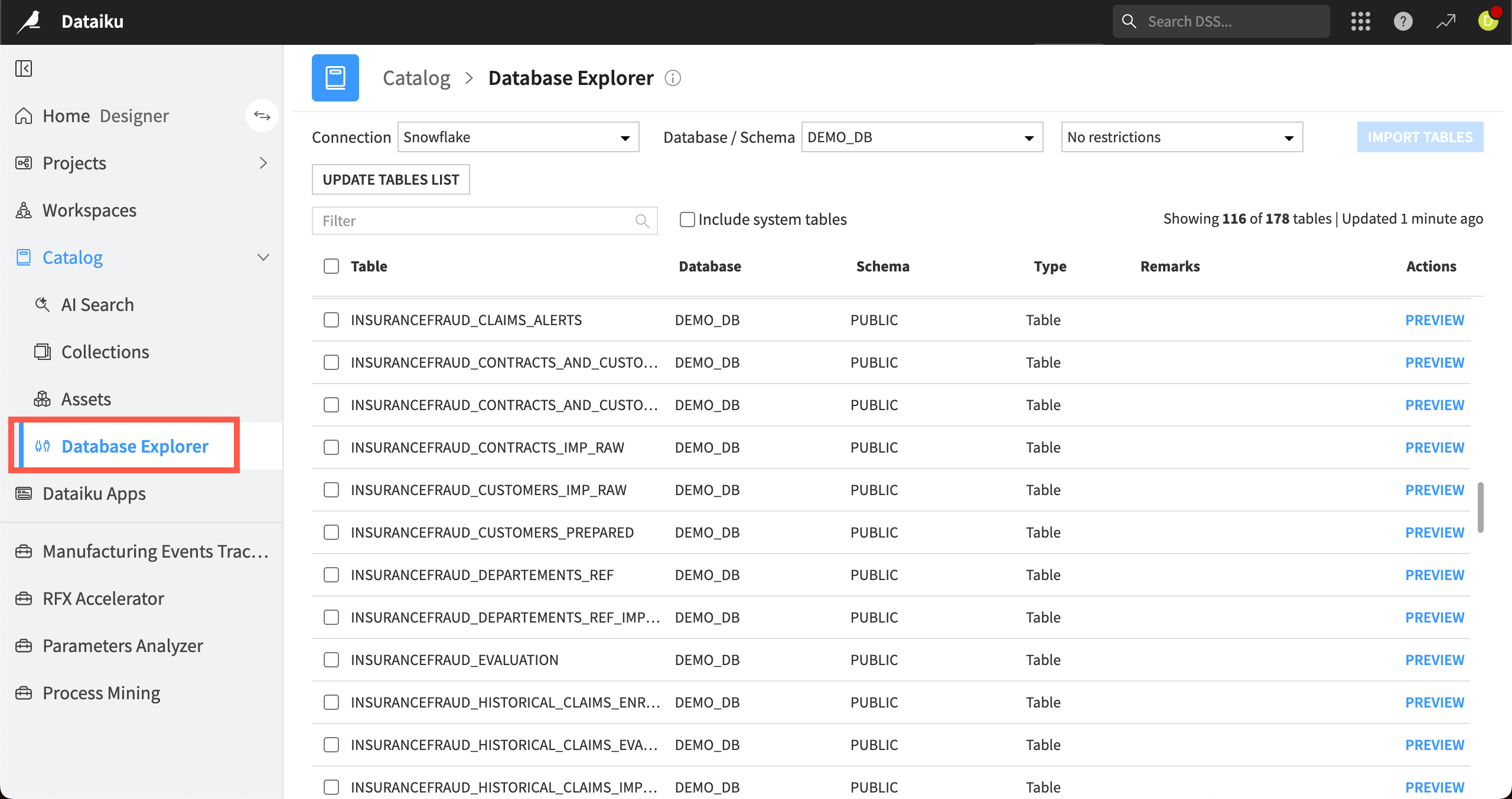 Screenshot of the database explorer.