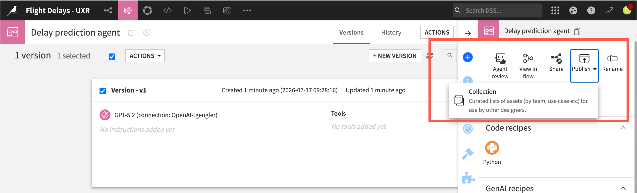 Screenshot of publishing an agent to a Catalog collection.