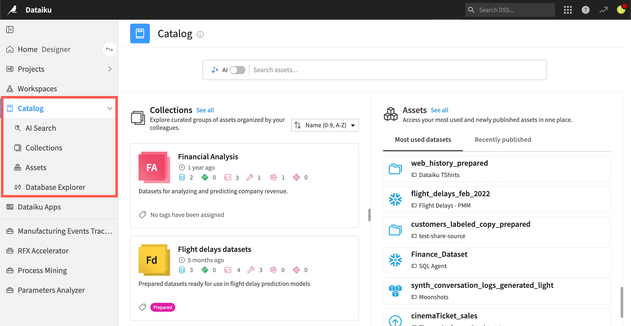 Dataiku screenshot of the Catalog navigation panel.
