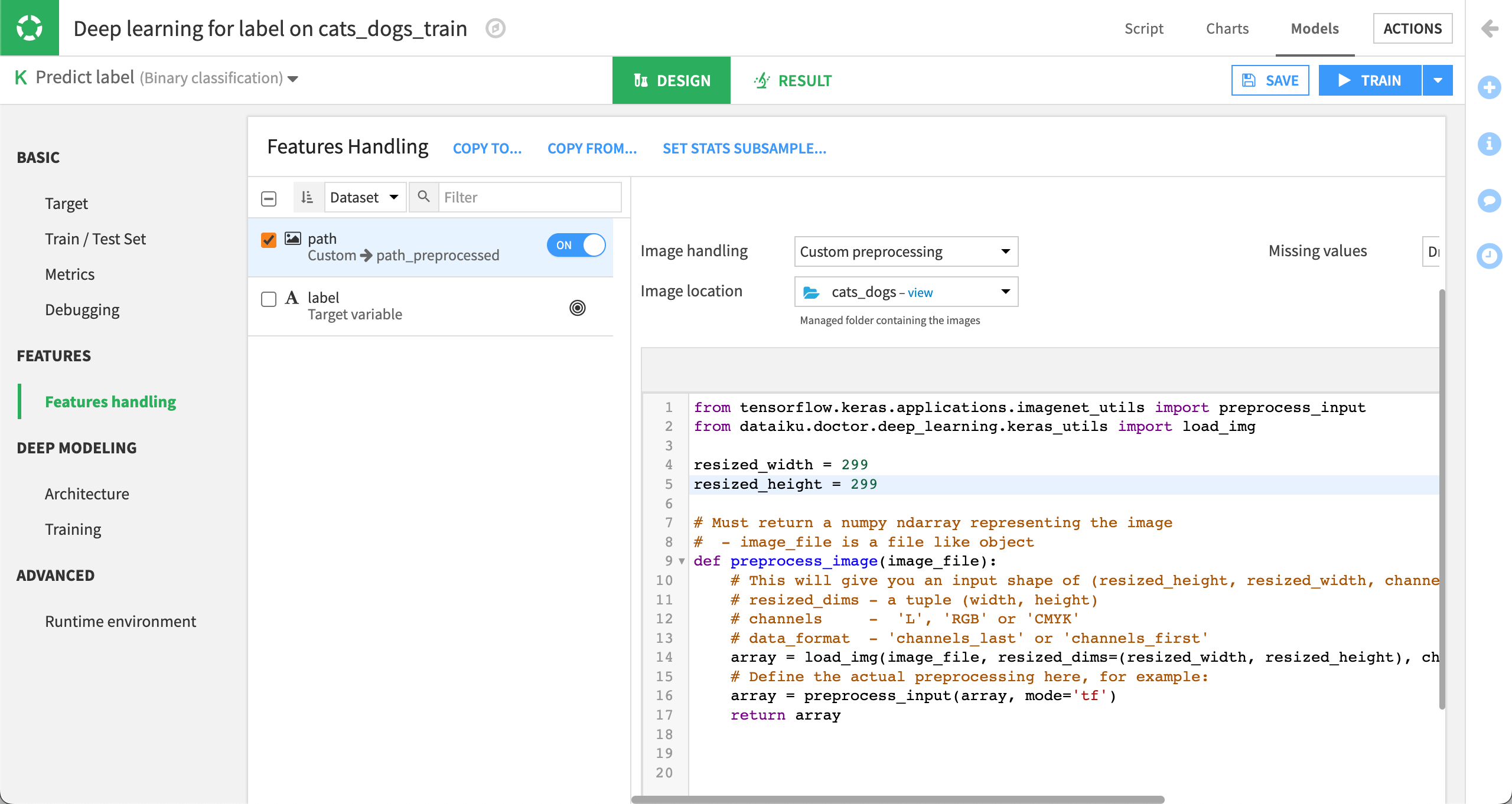 Keras code sample in the custom preprocessing step of an input feature in the Features handling panel of a deep learning experiment.