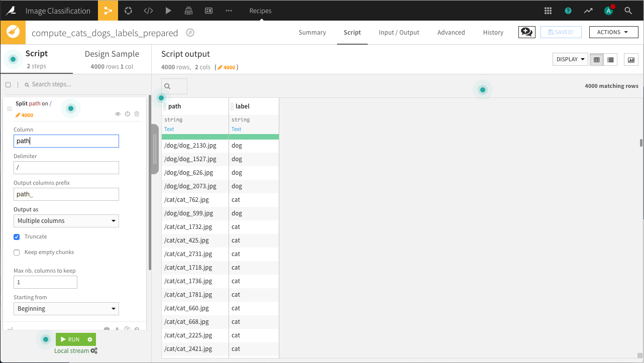 Using the Prepare recipe to extract the label from the image path.