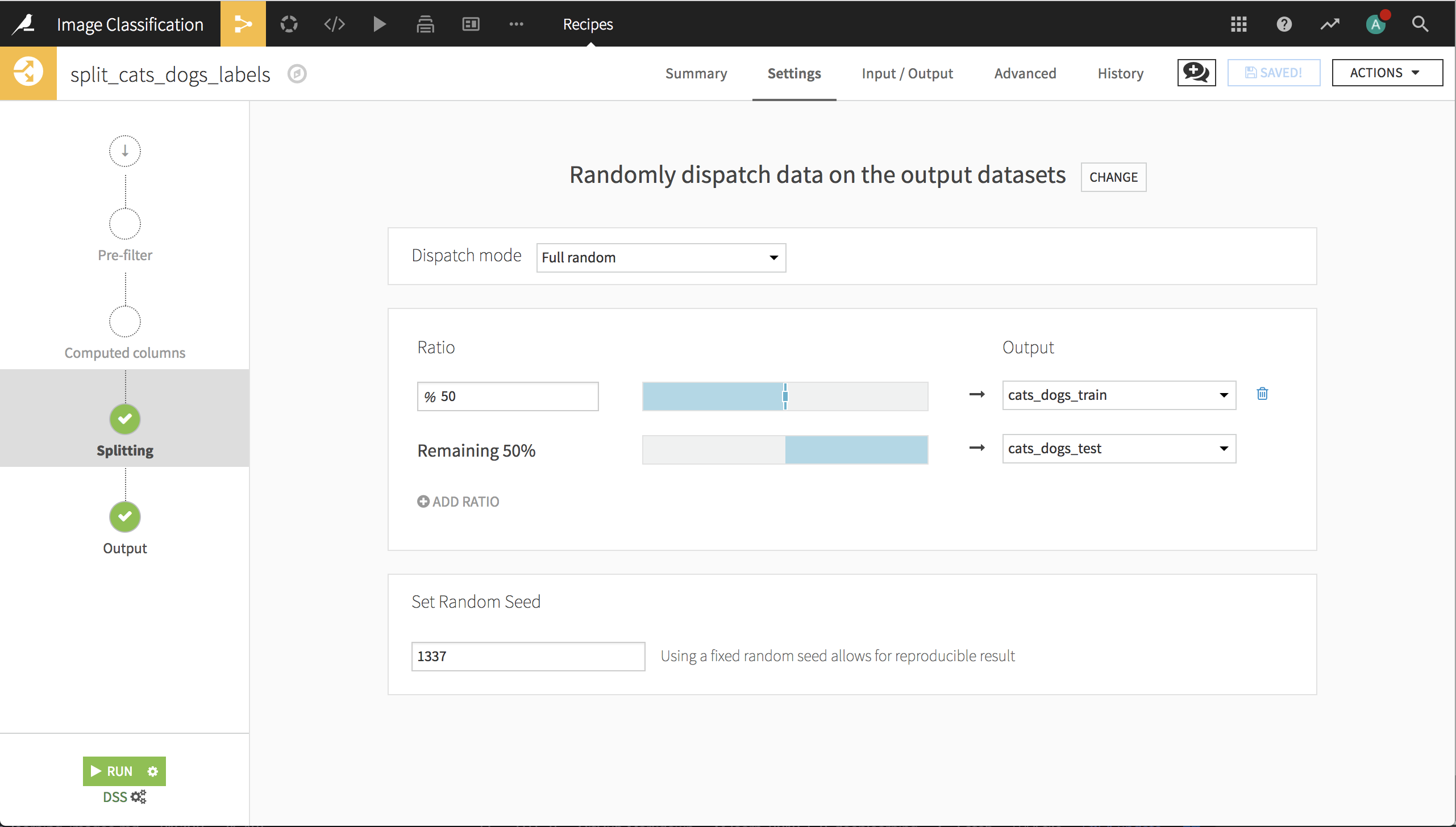 Using the Split recipe to split records into train and test datasets.