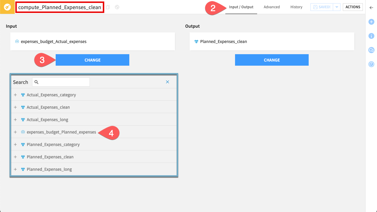 Dataiku screenshot showing how to change the input of a prepare recipe.