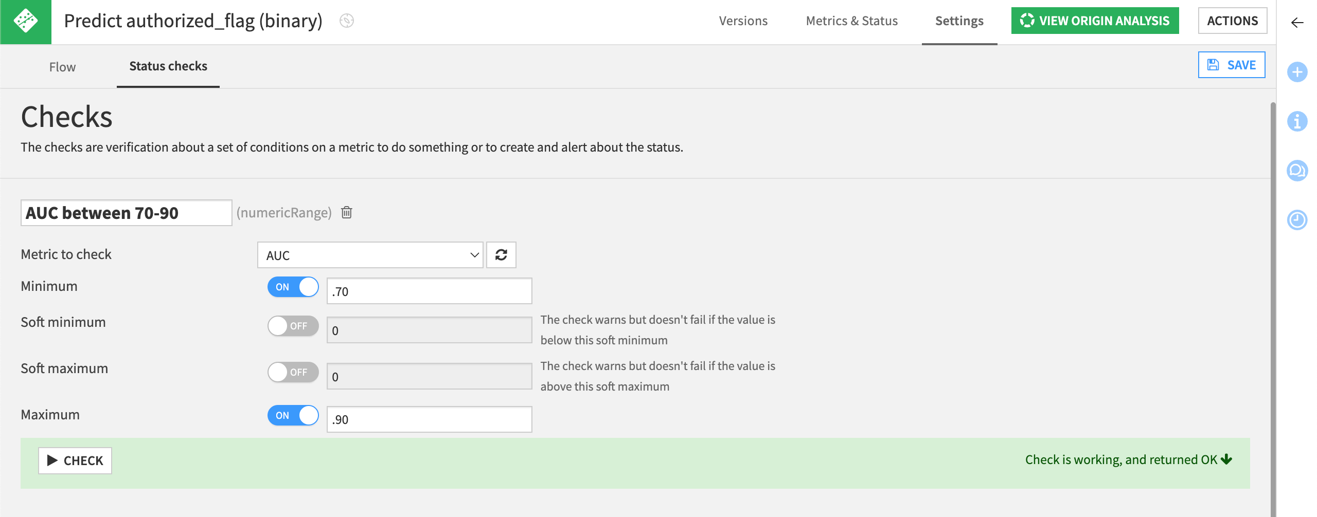 Example of a check on the AUC of a saved model.