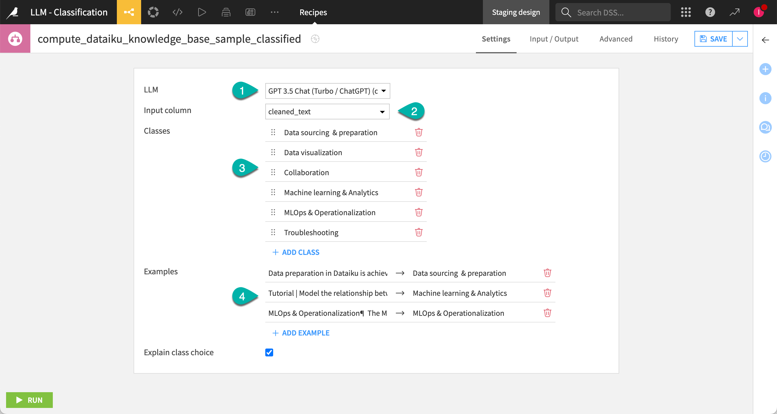 Screenshot of classes defined by the user in the settings page of the Classify text recipe.