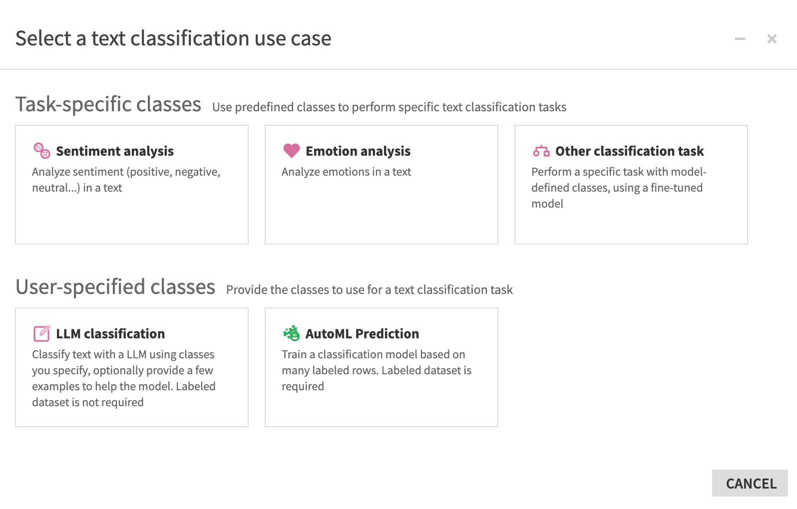 New classify text recipe window where you select the text classification use case.