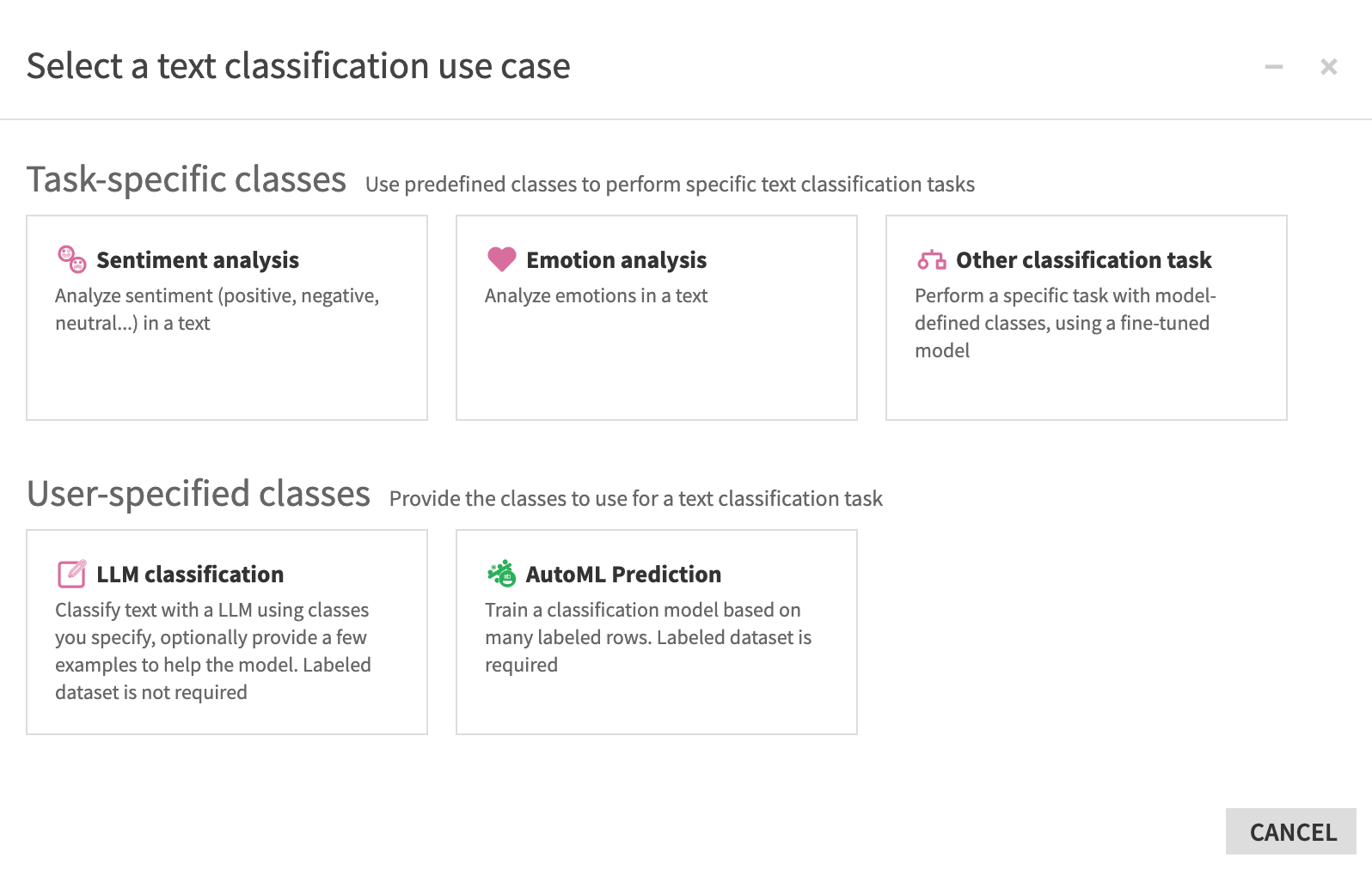 New Classify text recipe window where you select the text classification use case.