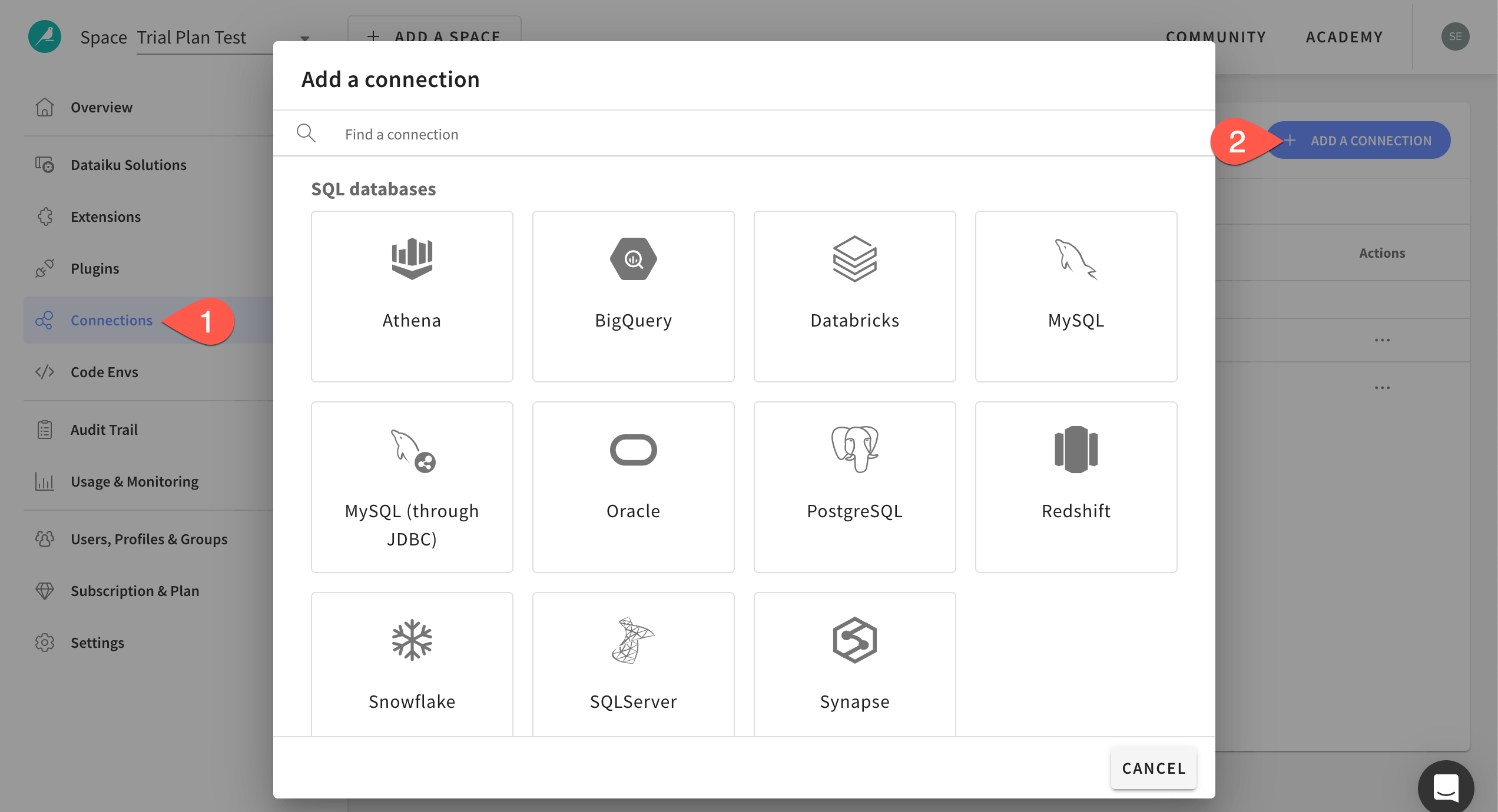 Dataiku screenshot of the Connections panel on Dataiku cloud.