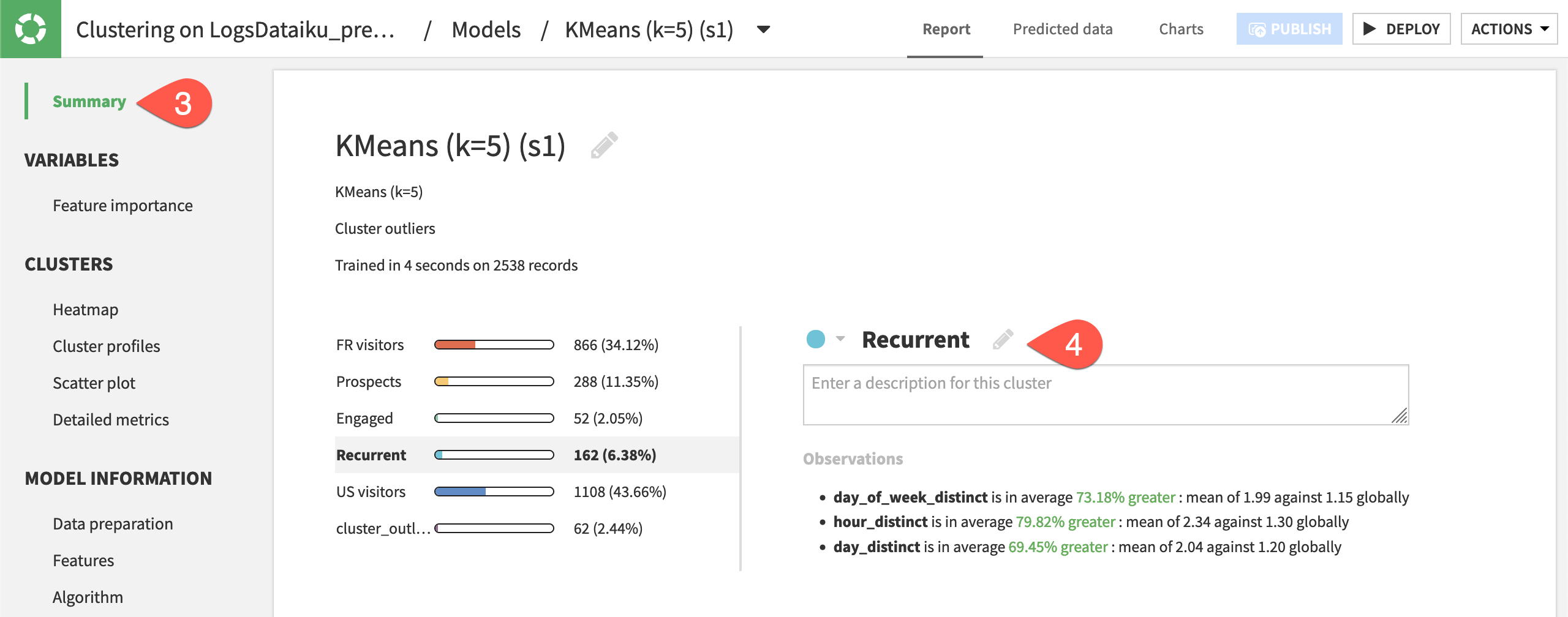 Dataiku screenshot of renamed clusters in a model report.