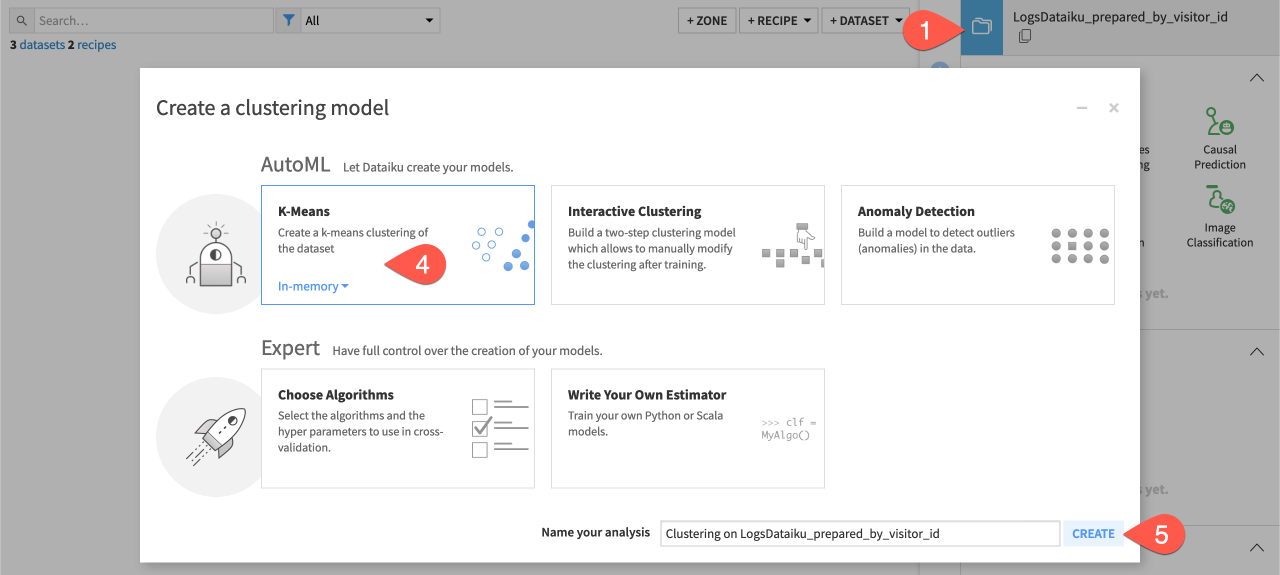 Dataiku screenshot of the interface for selecting an autoML clustering task.