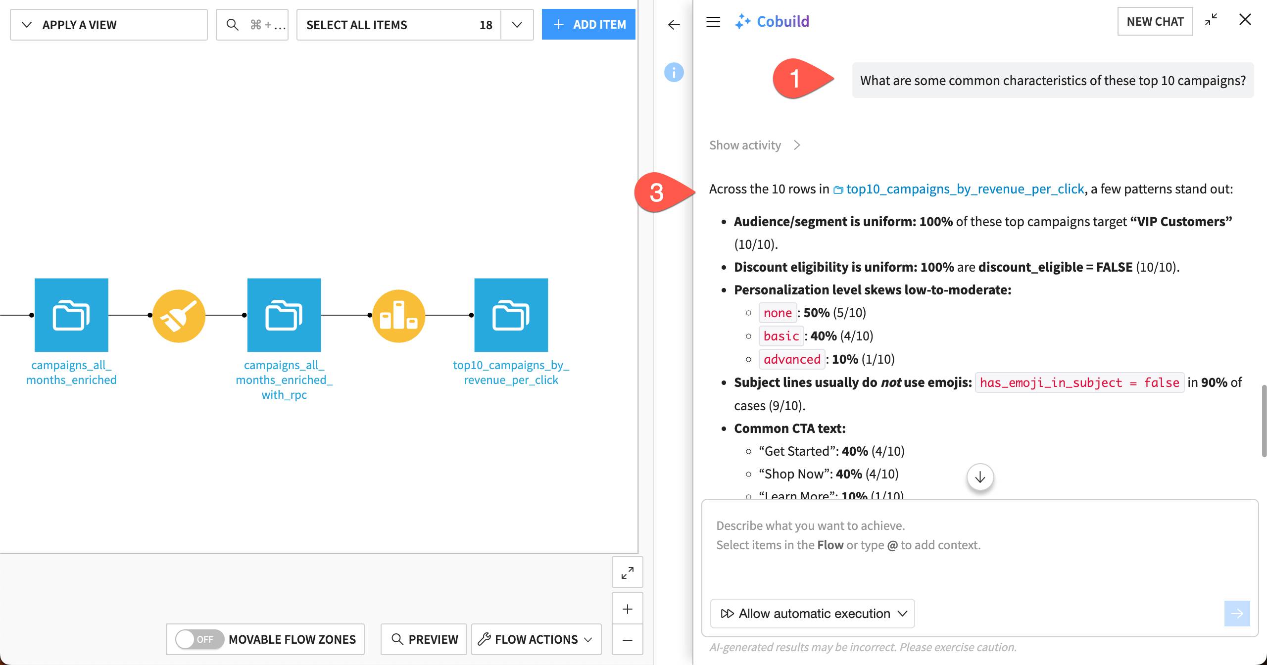 Dataiku screenshot showing the steps to view the top-performing campaigns.