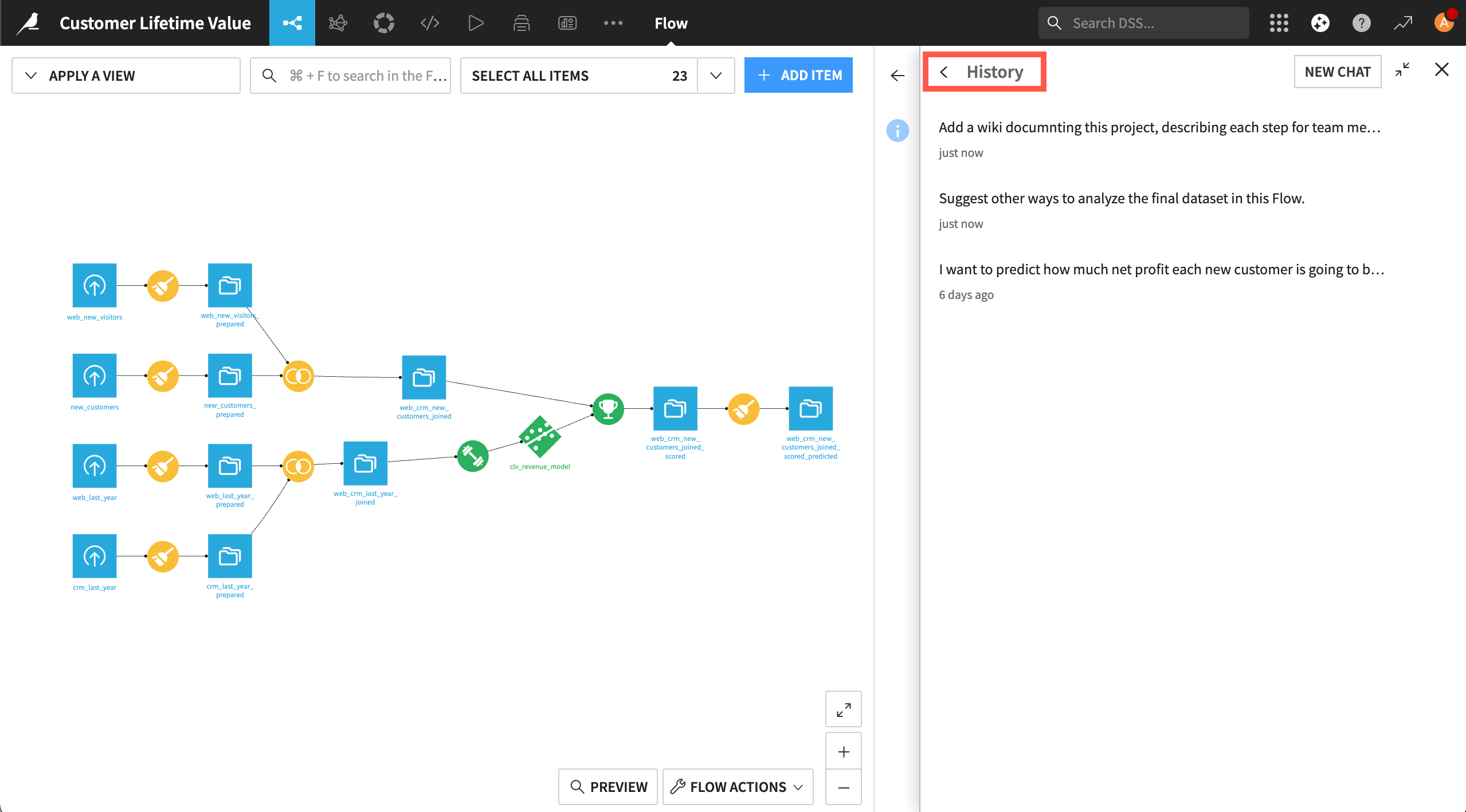 Dataiku screenshot showing a chat history in Cobuild.