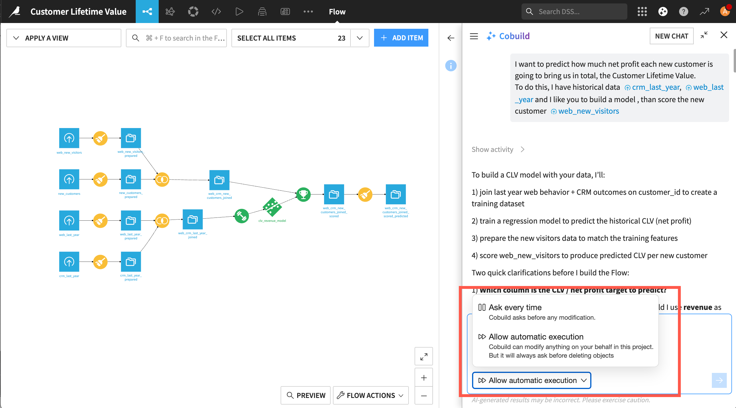 Dataiku screenshot showing the choices for requiring confirmation in a Cobuild conversation.