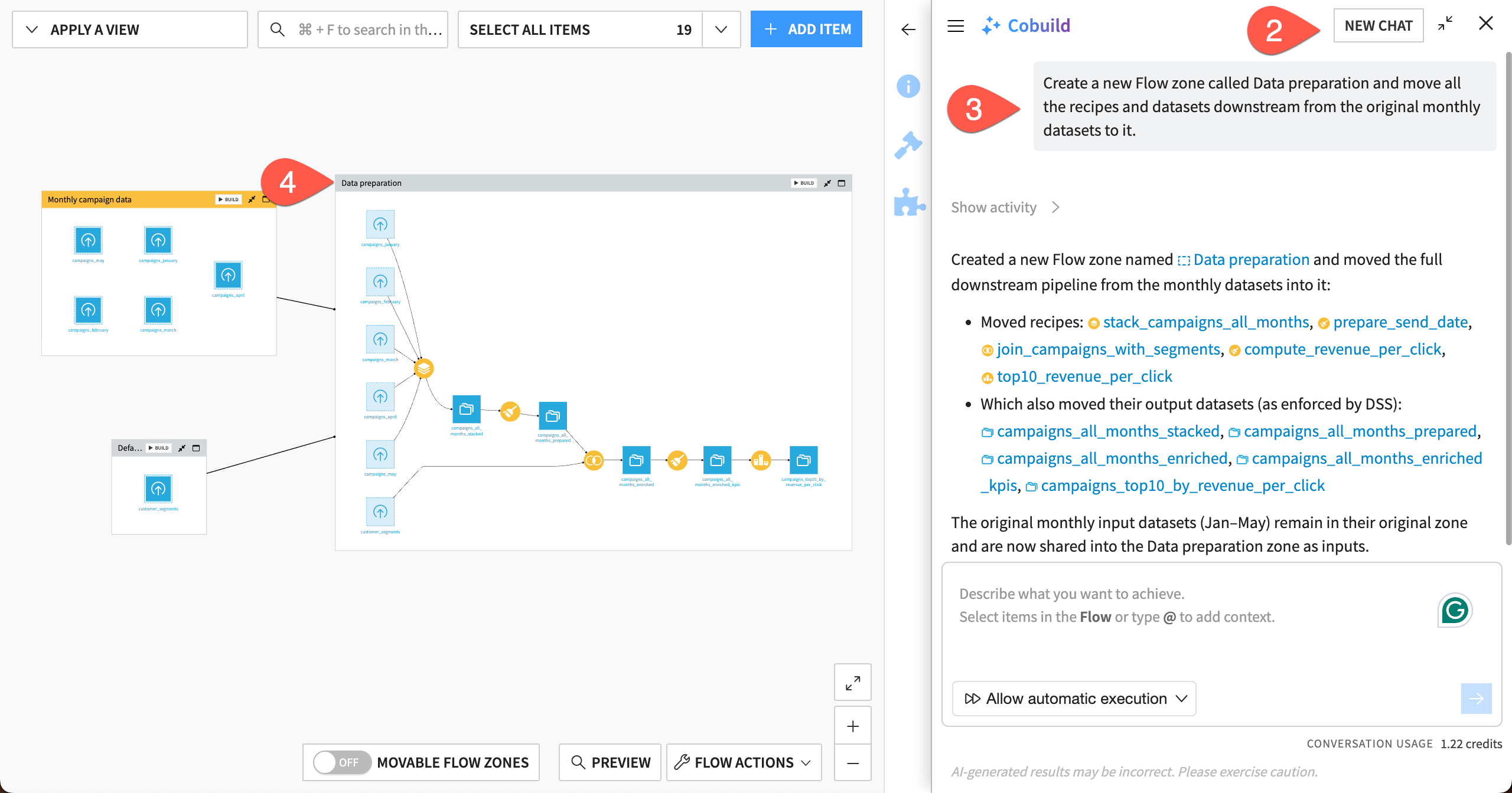 Dataiku screenshot showing the steps to create a new Flow zone.