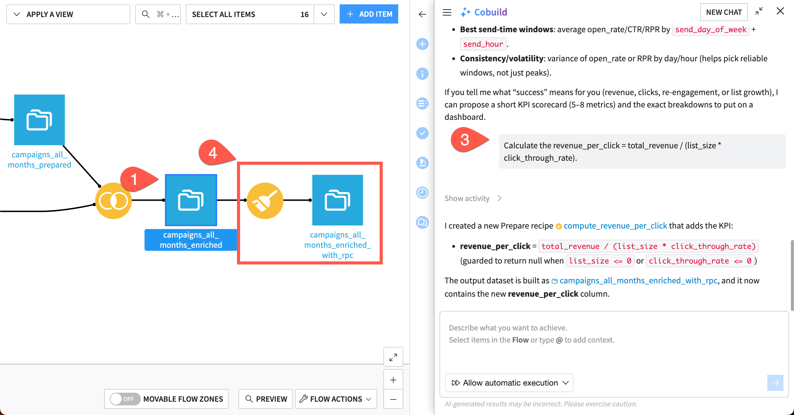 Dataiku screenshot showing the steps to create new KPIs.