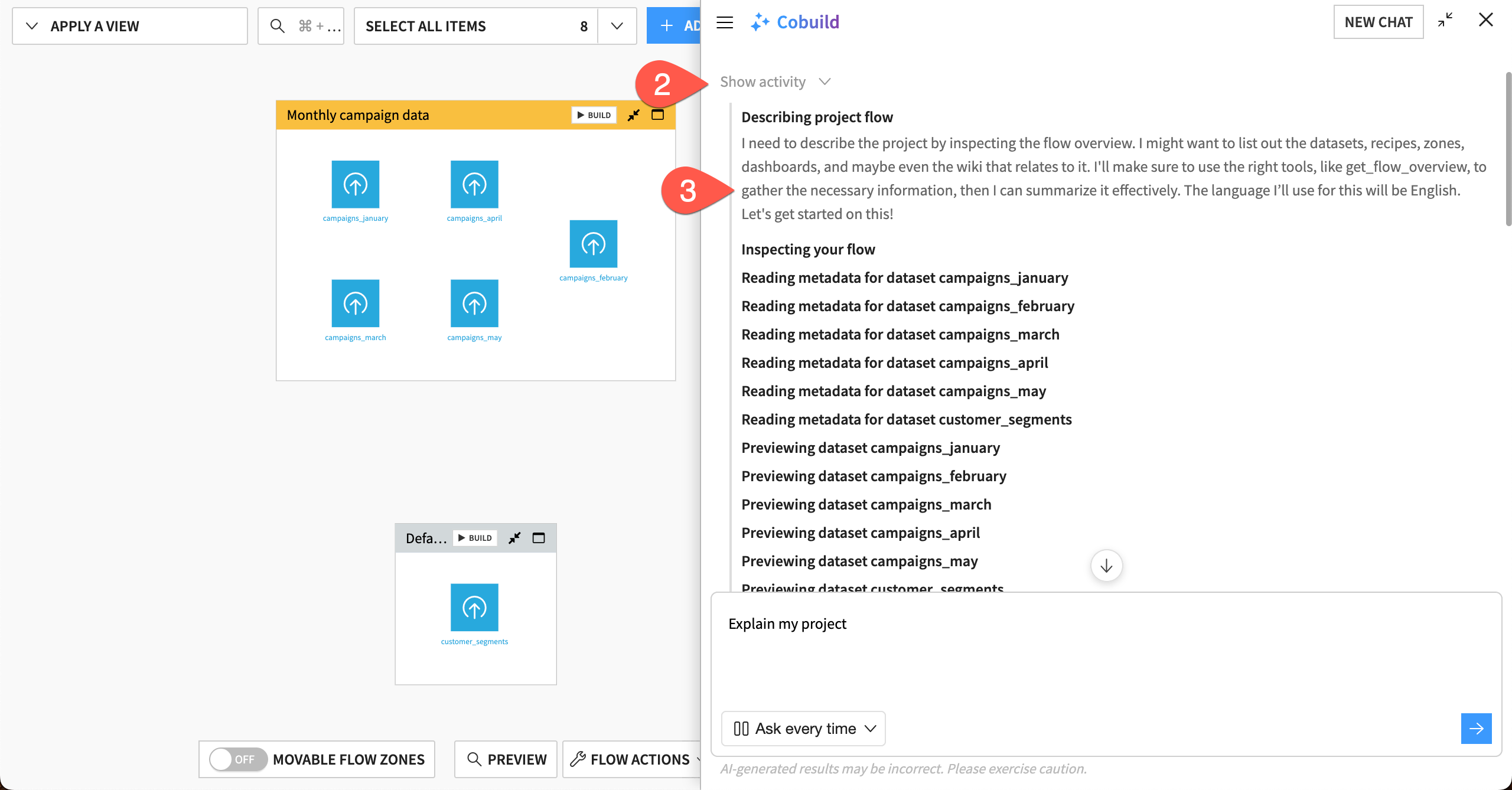 Dataiku screenshot showing the steps to show activity on Cobuild's response.