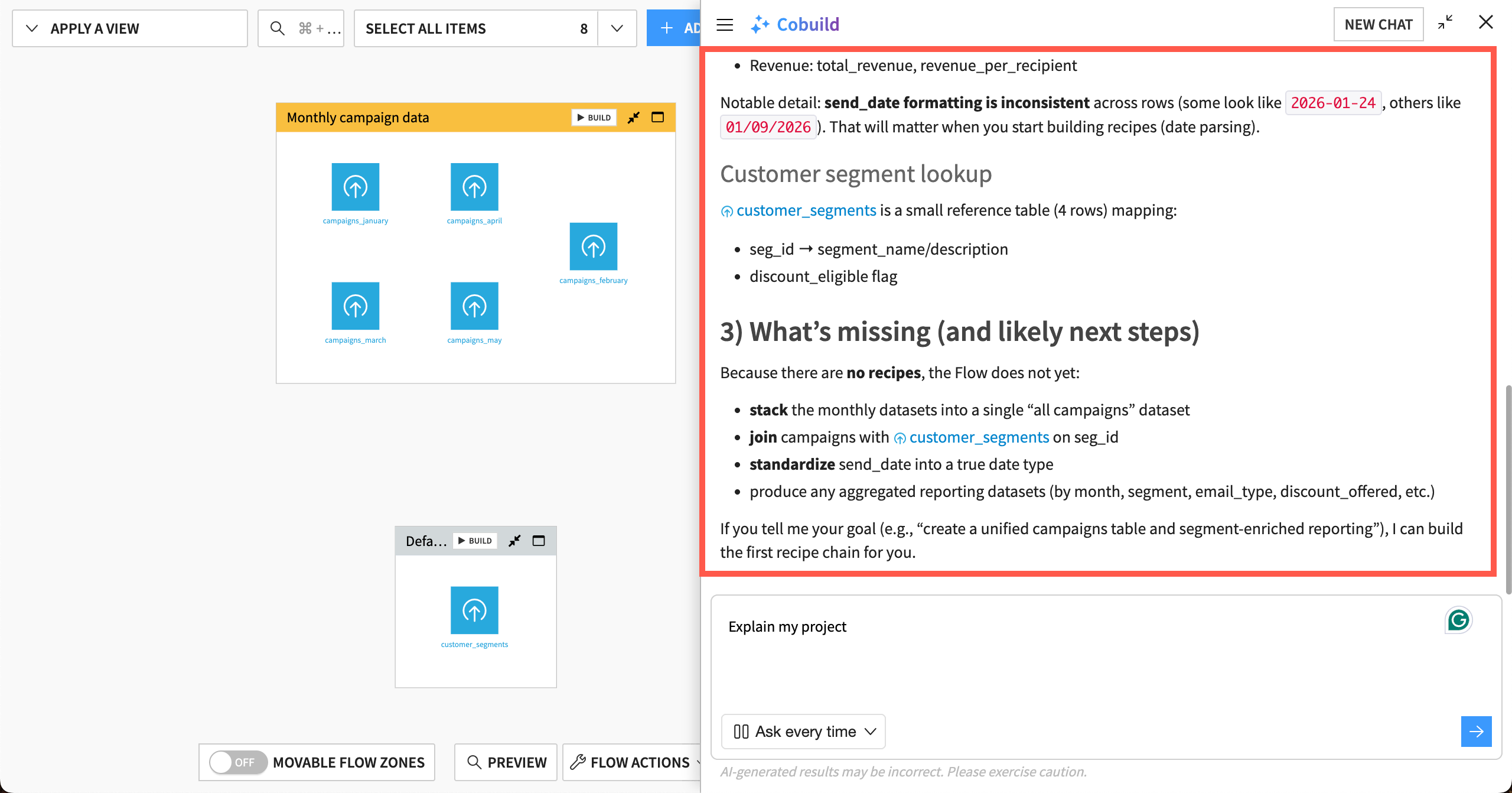 Dataiku screenshot showing Cobuild's response to the "Explain my project" response.