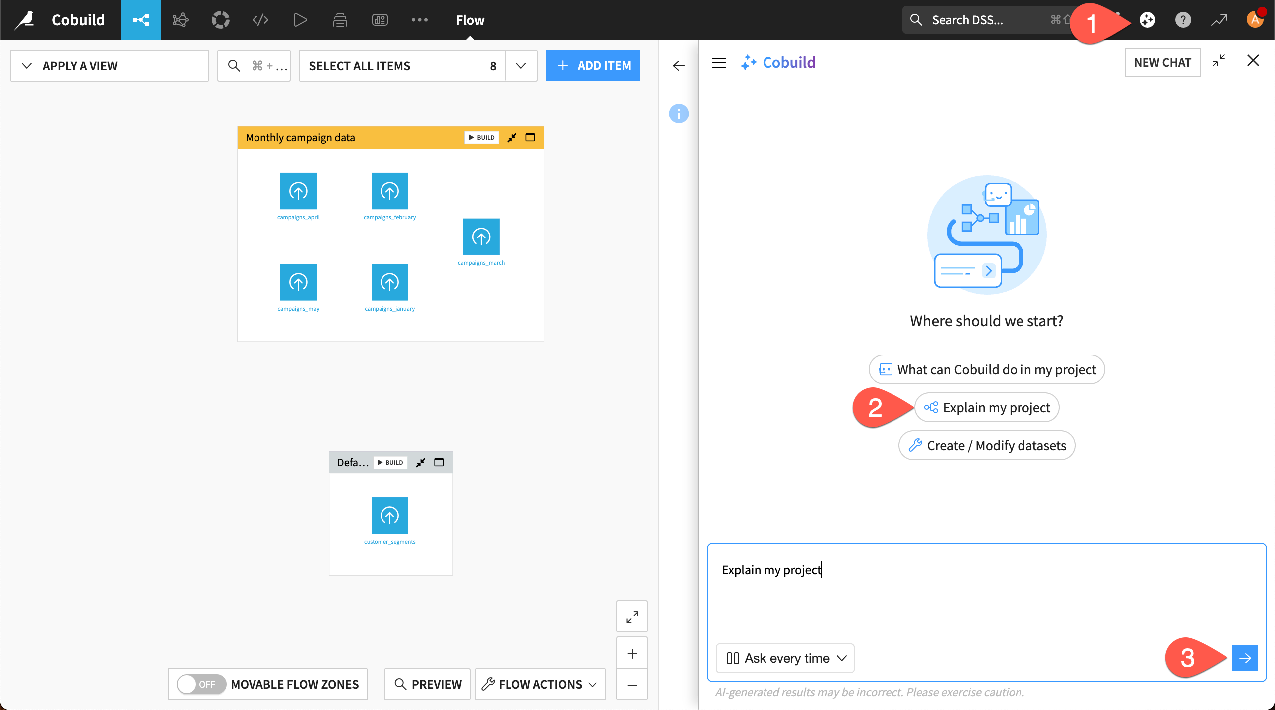 Dataiku screenshot showing the steps to ask Cobuild to explain the project.
