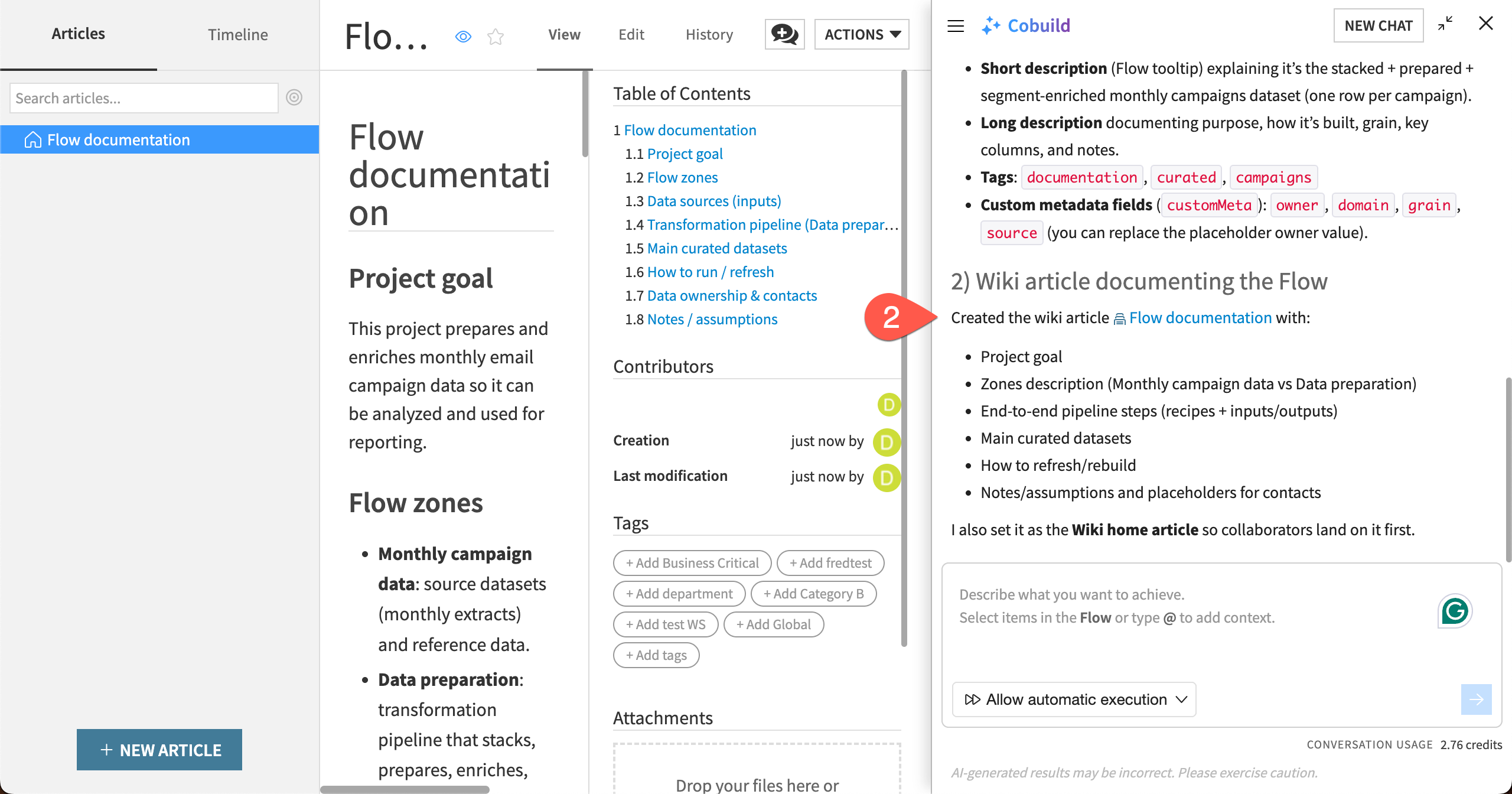 Dataiku screenshot showing the steps to generate project documentation.