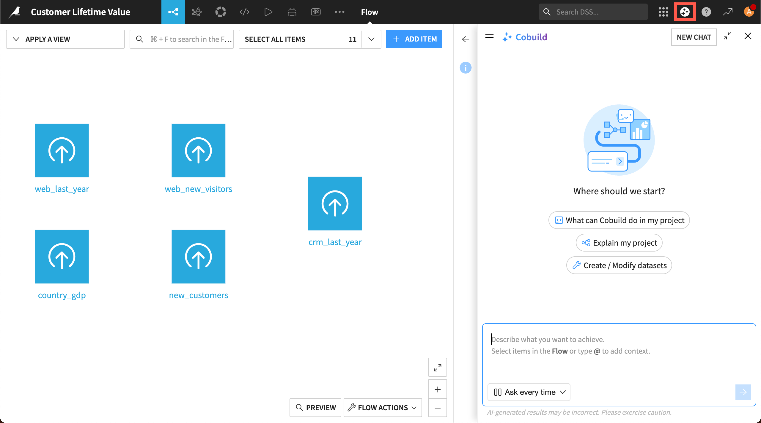 Dataiku screenshot showing how to start a new conversation with Cobuild.