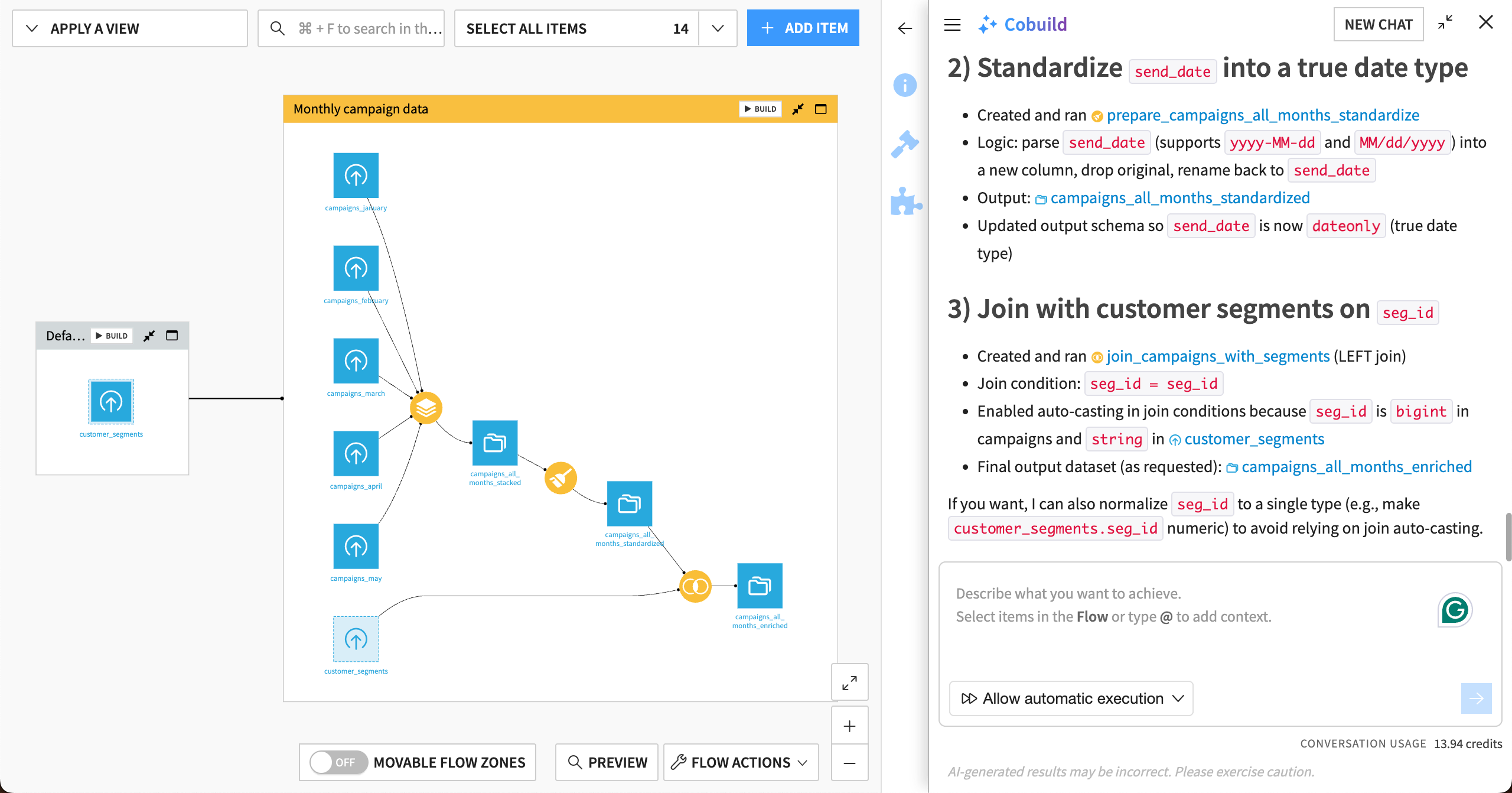 Dataiku screenshot showing the output Flow from data preparation.
