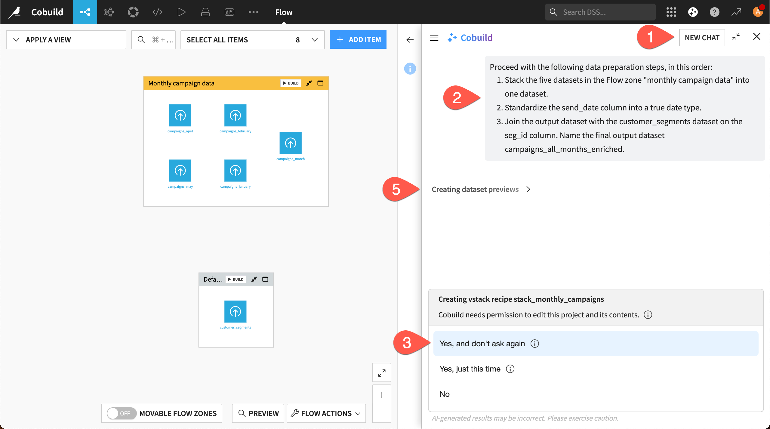 Dataiku screenshot showing the chat to prepare data with Cobuild.