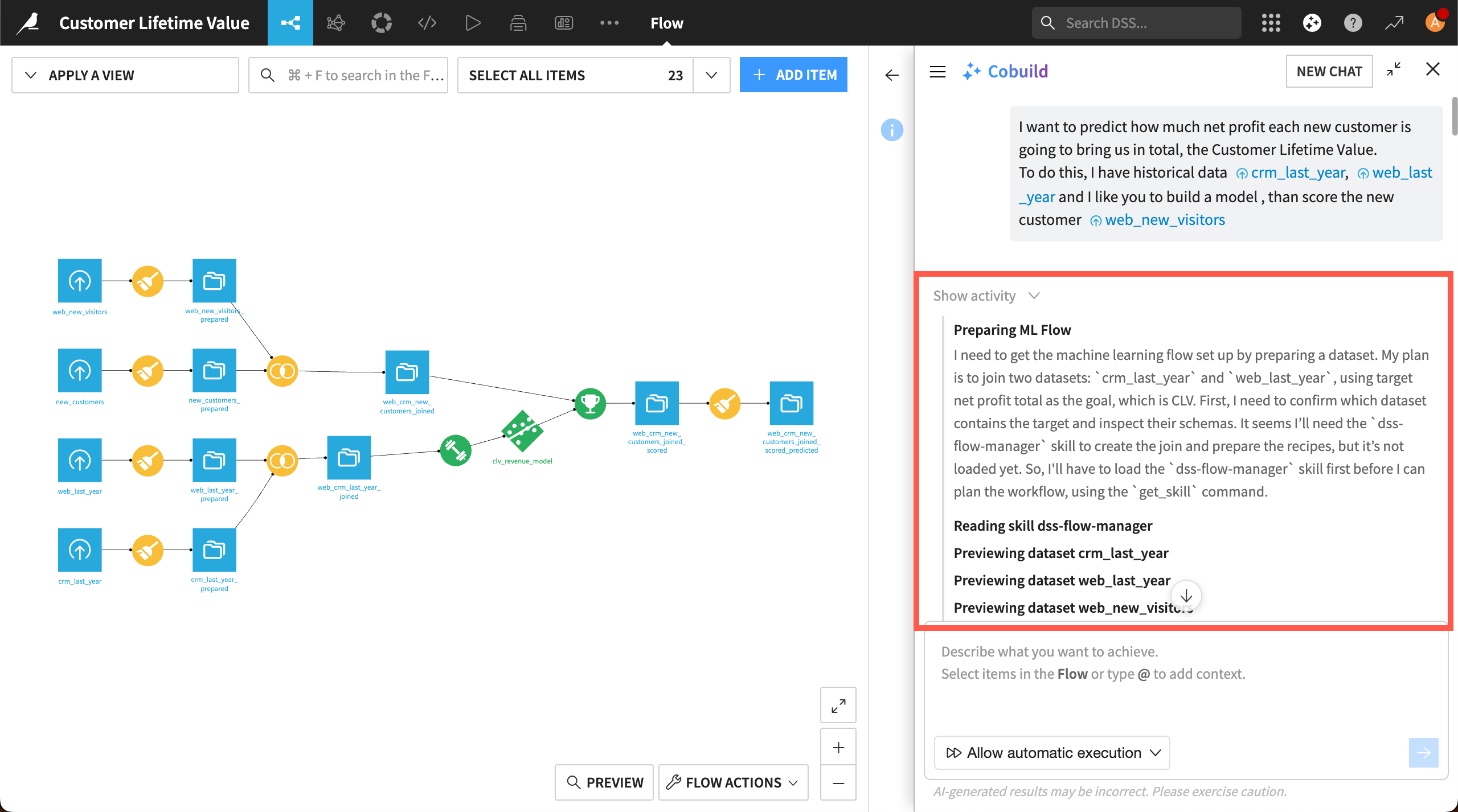 Dataiku screenshot showing how to start a new conversation with Cobuild.