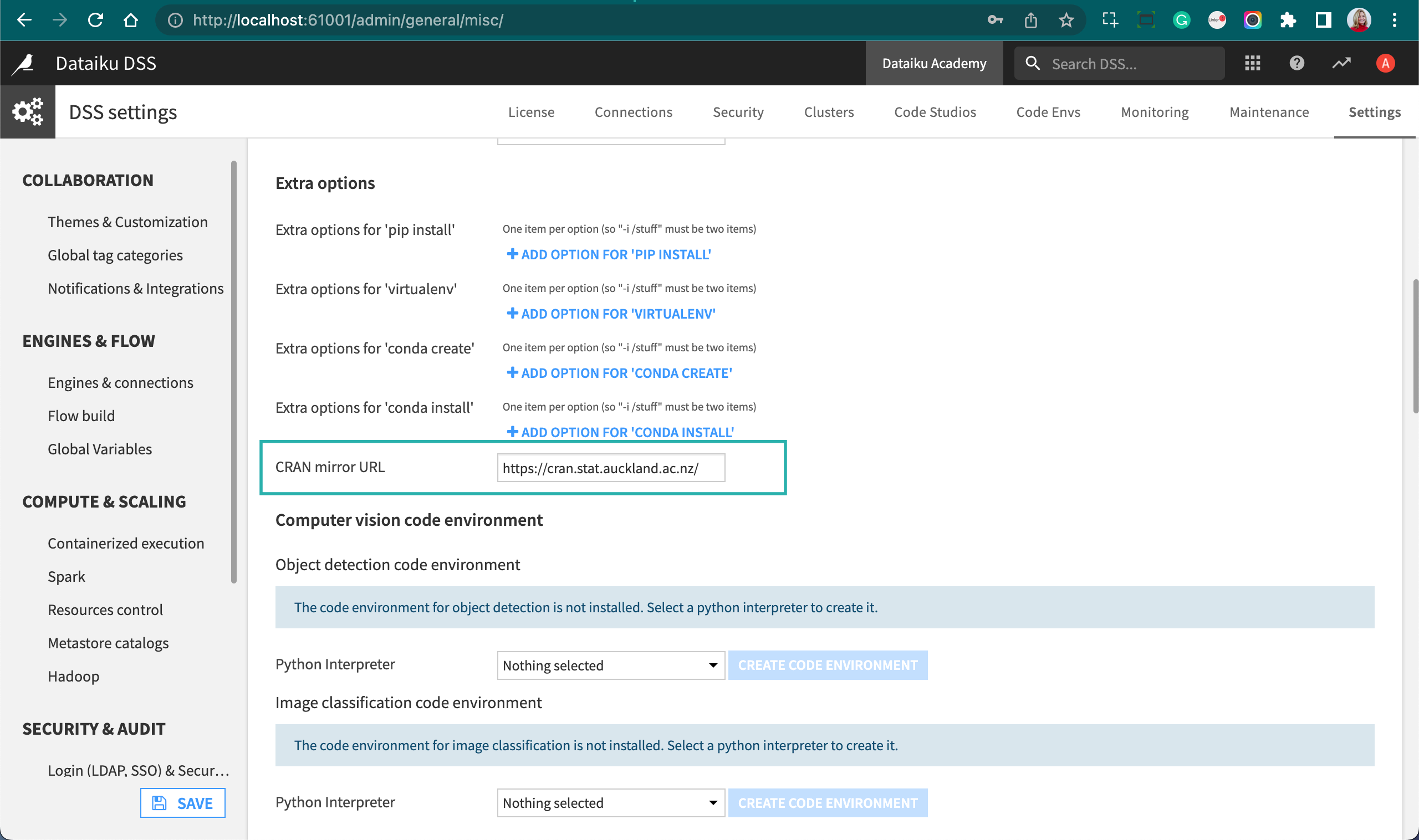 Extra options for 'pip install' in the Misc. section of the administrator settings.