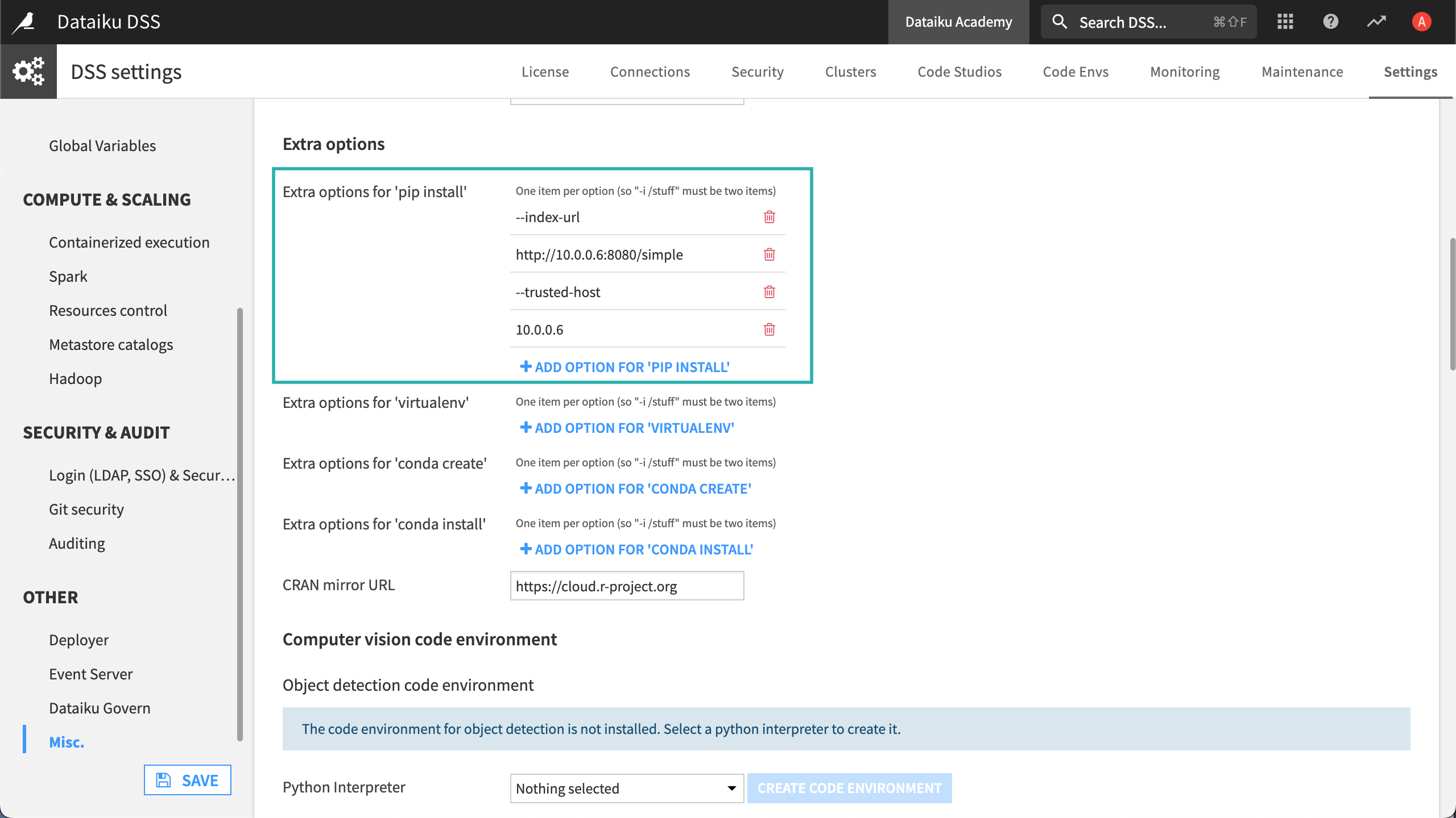 Extra options for 'pip install' in the Misc. section of the administrator settings.