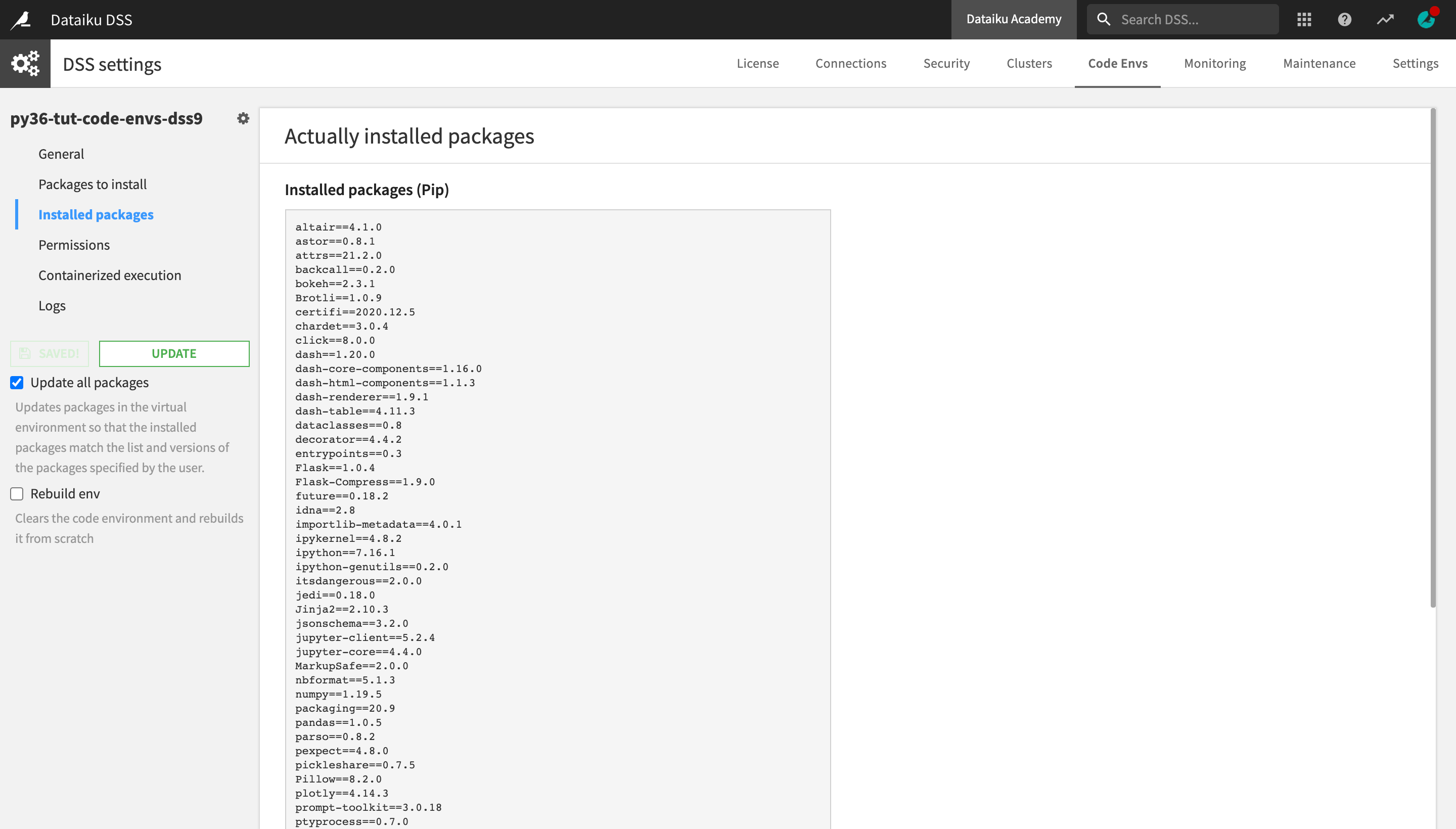 Dataiku screenshot of installed packages of a code environment.