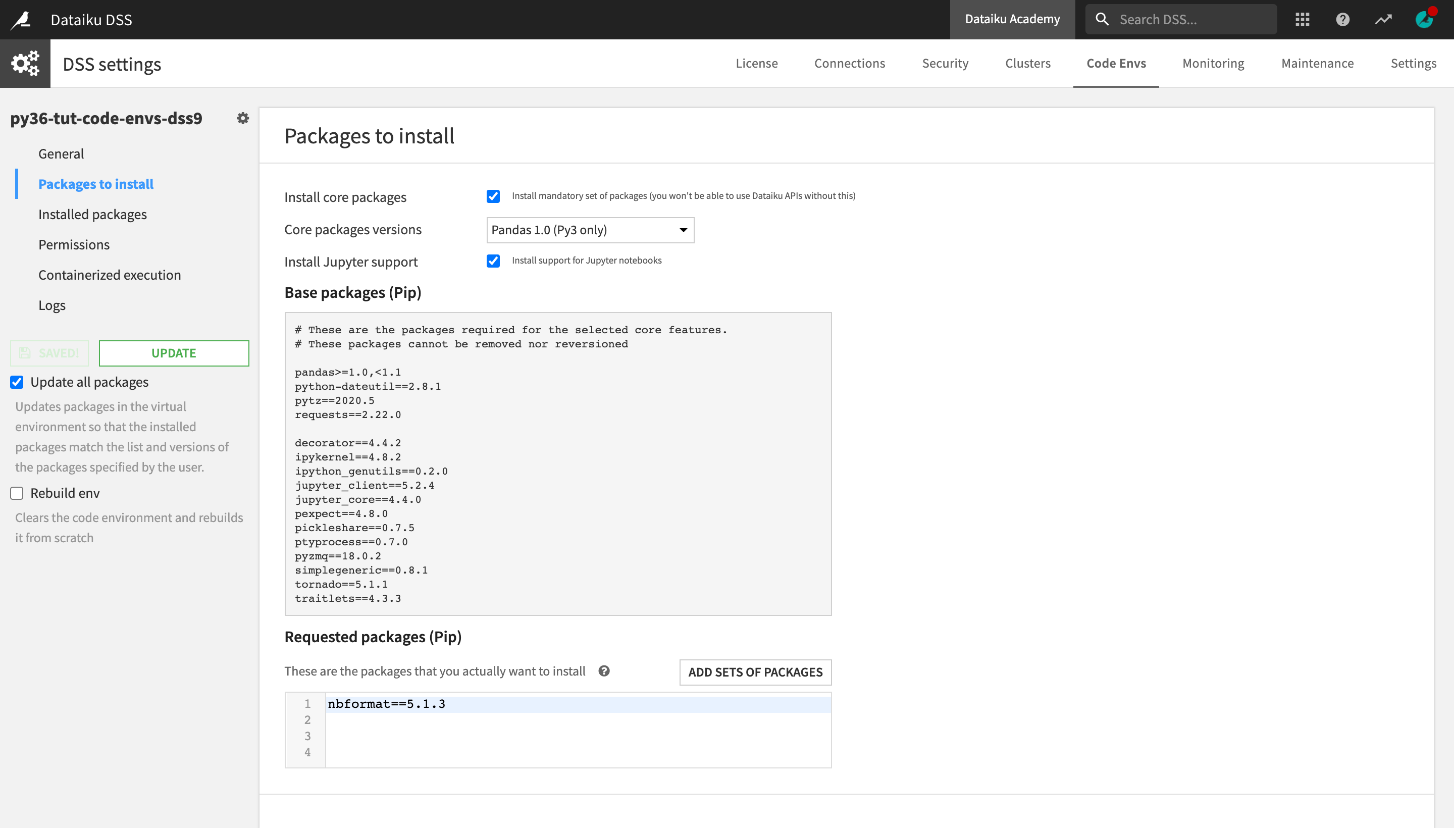 Dataiku screenshot of packages to install for a code environment.