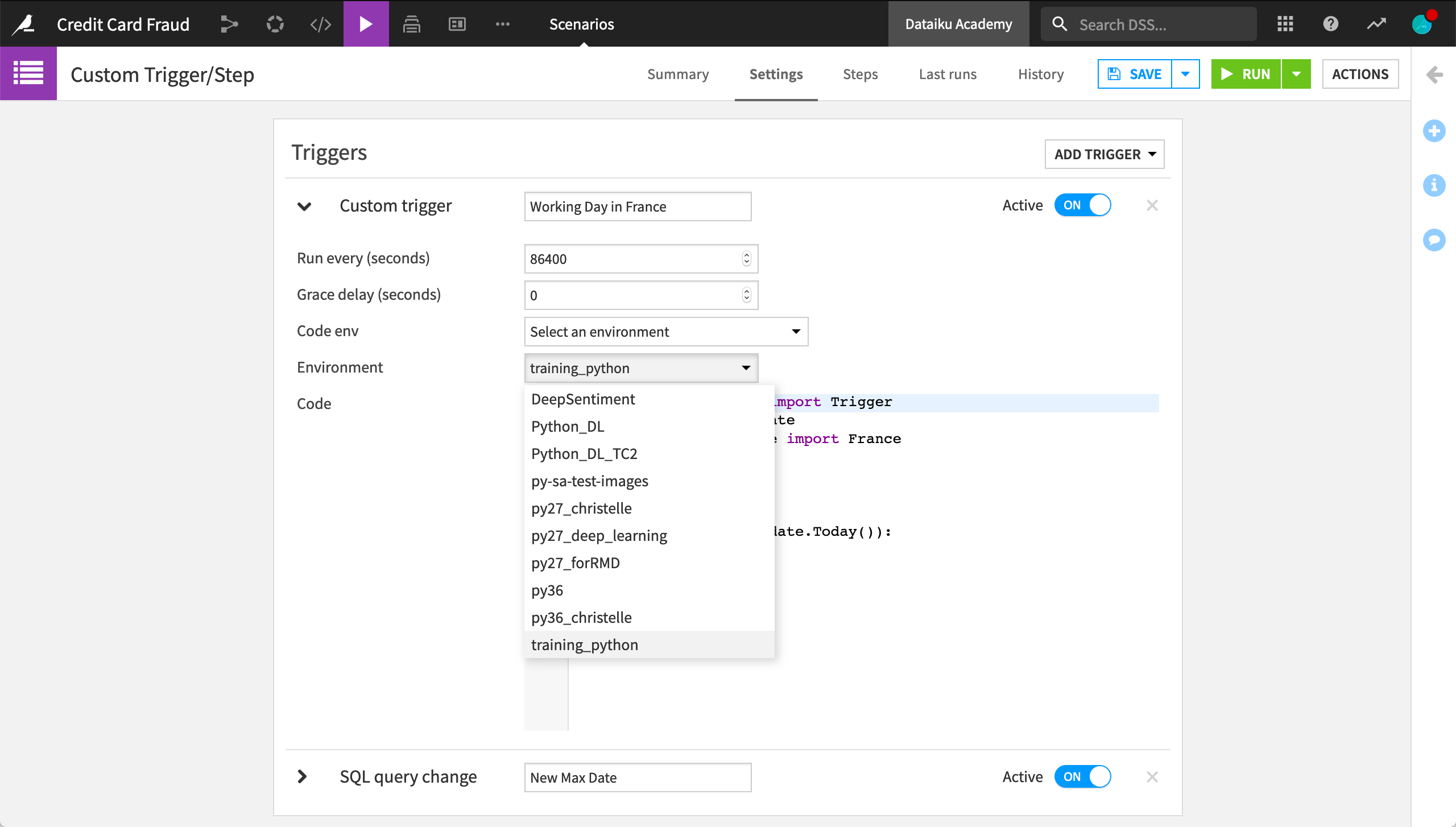 Dataiku screenshot of a code env for a custom Python trigger.