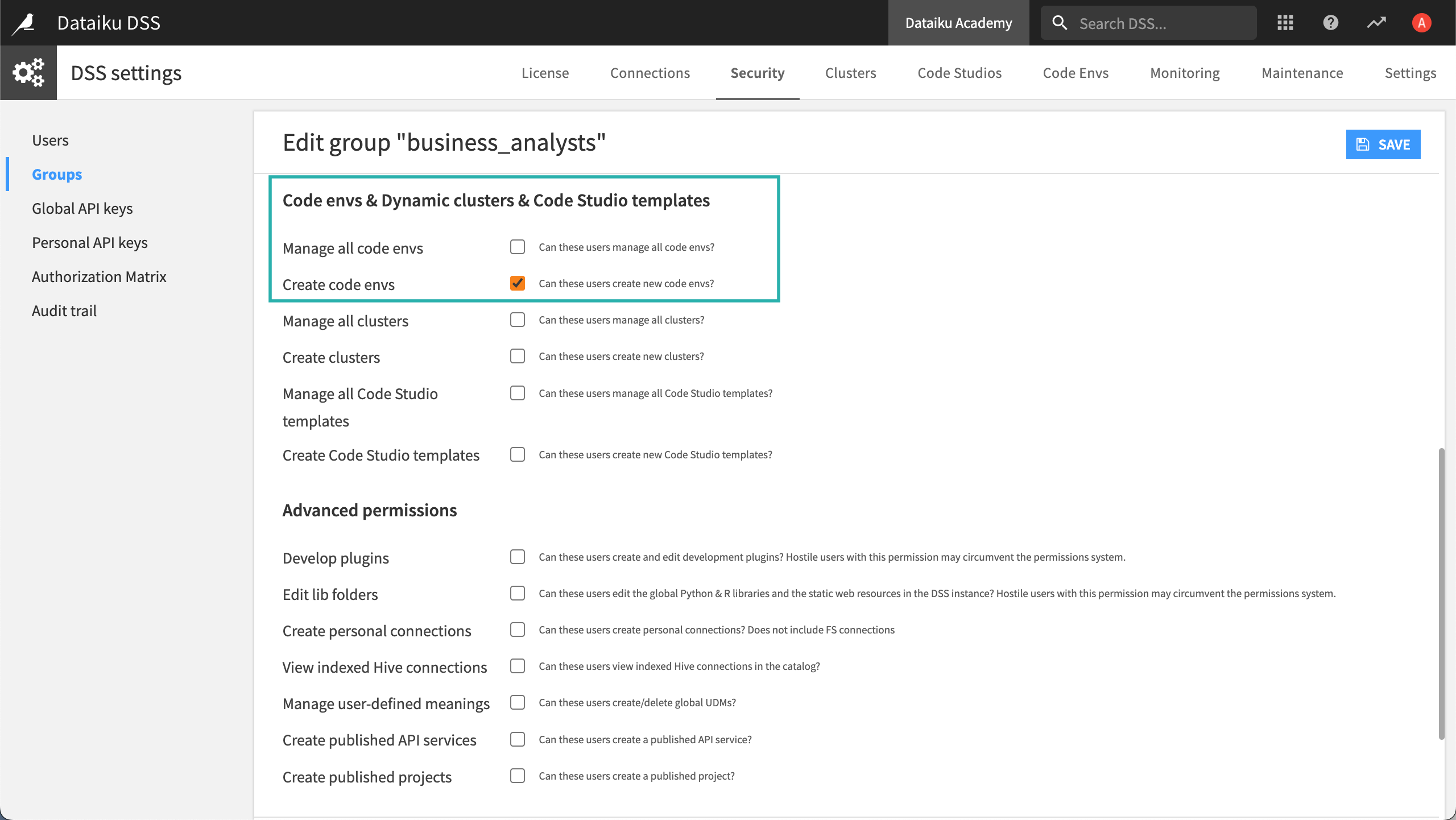 Assigning code environment permissions to a group.