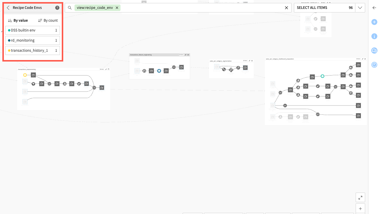 Dataiku screenshot of the Flow displaying the recipe code environment options.