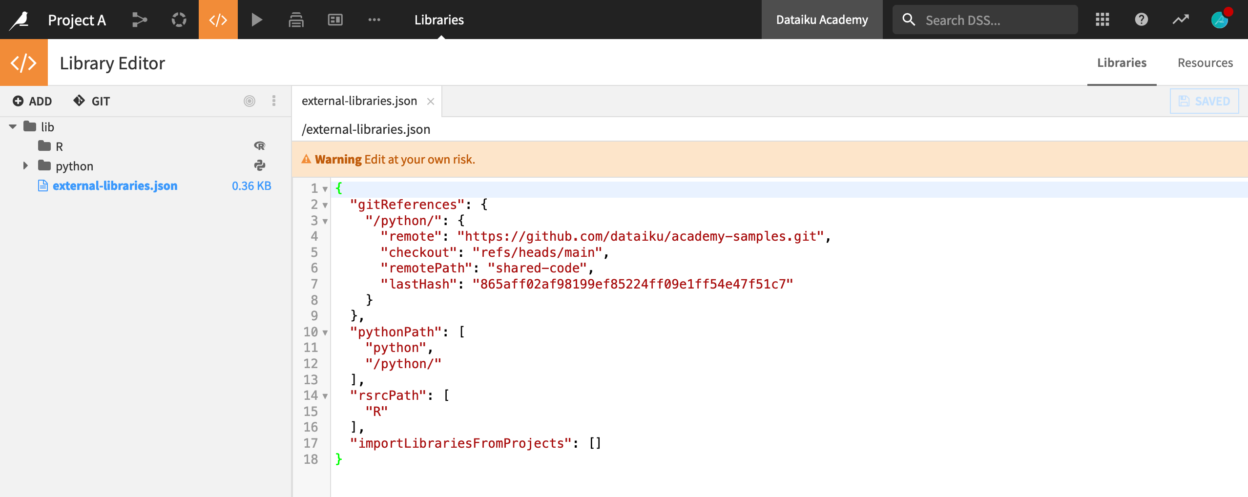 Dataiku screenshot of a project library.