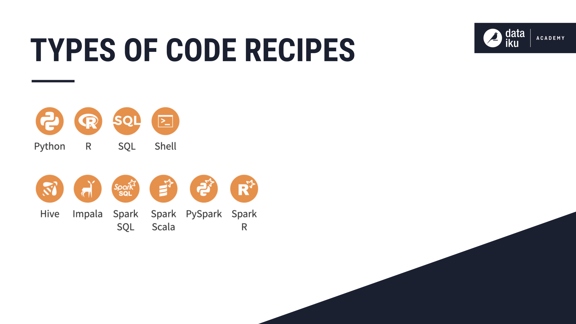 Slide depicting the type of available Dataiku code recipes.