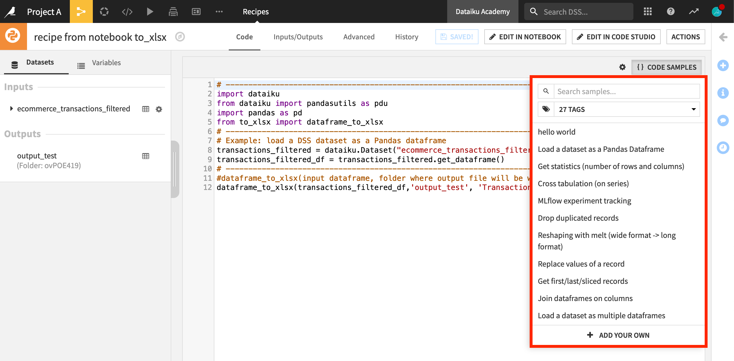 Dataiku screenshot of a code recipe showing available code samples.