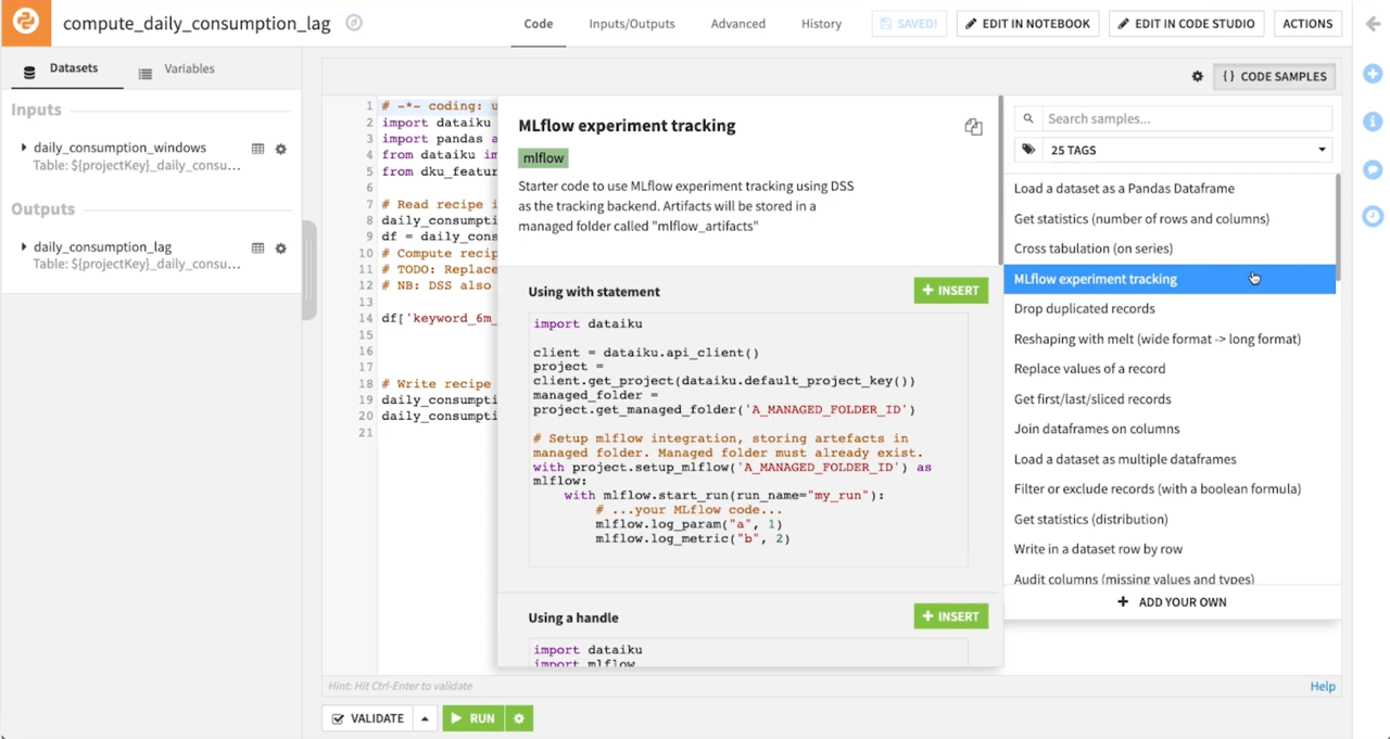 Dataiku screenshot of code snippets shared.