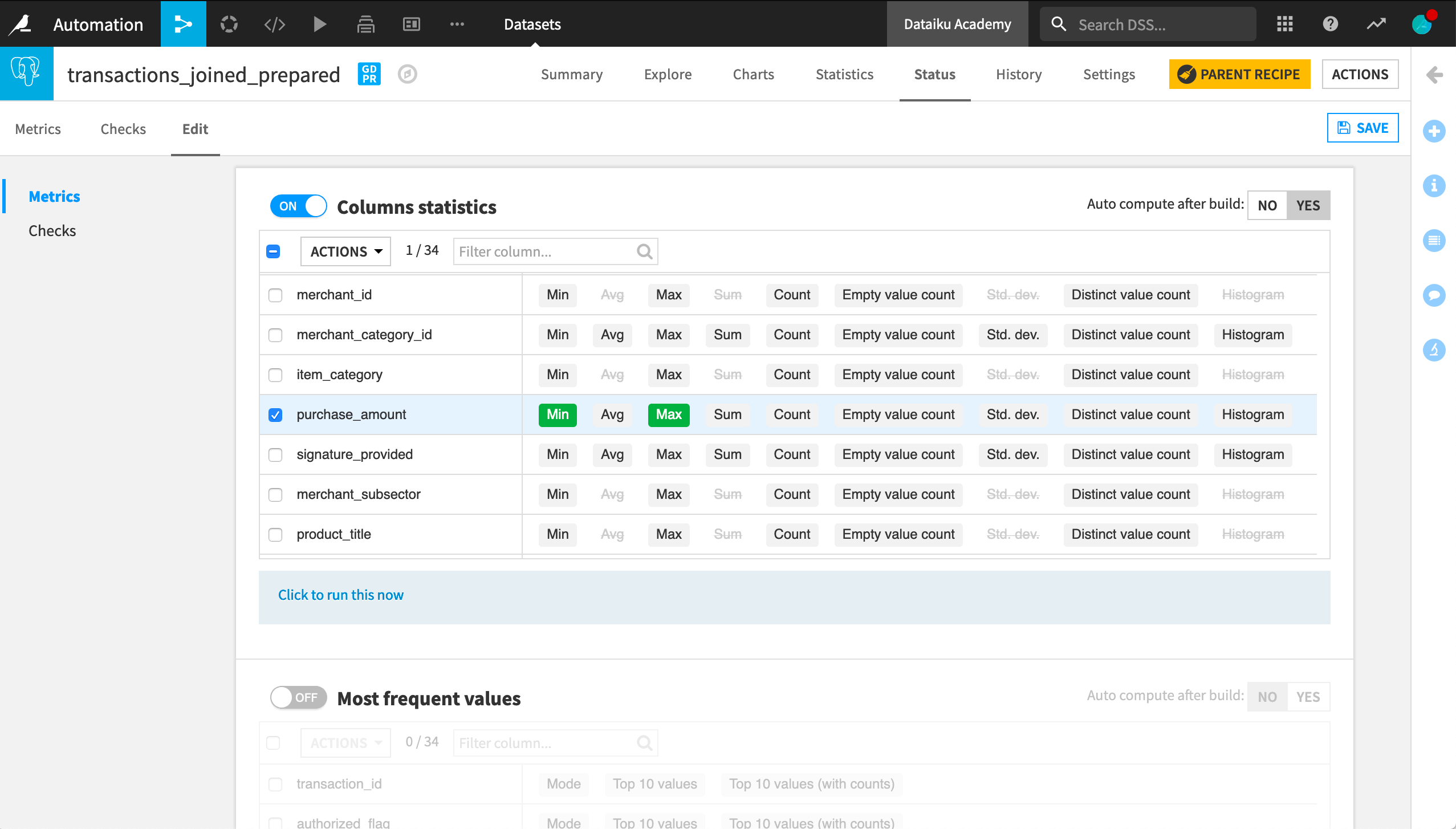 The Column statistics probe within the Edit Metrics page of a dataset.