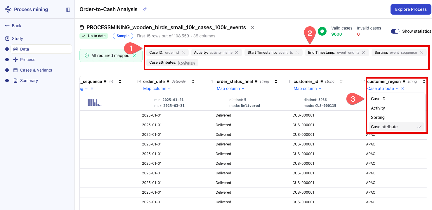 Screenshot of the data configuration screen showing automatically mapped column headers with their assigned field types, and a dropdown open on one column to show how to change the mapping.