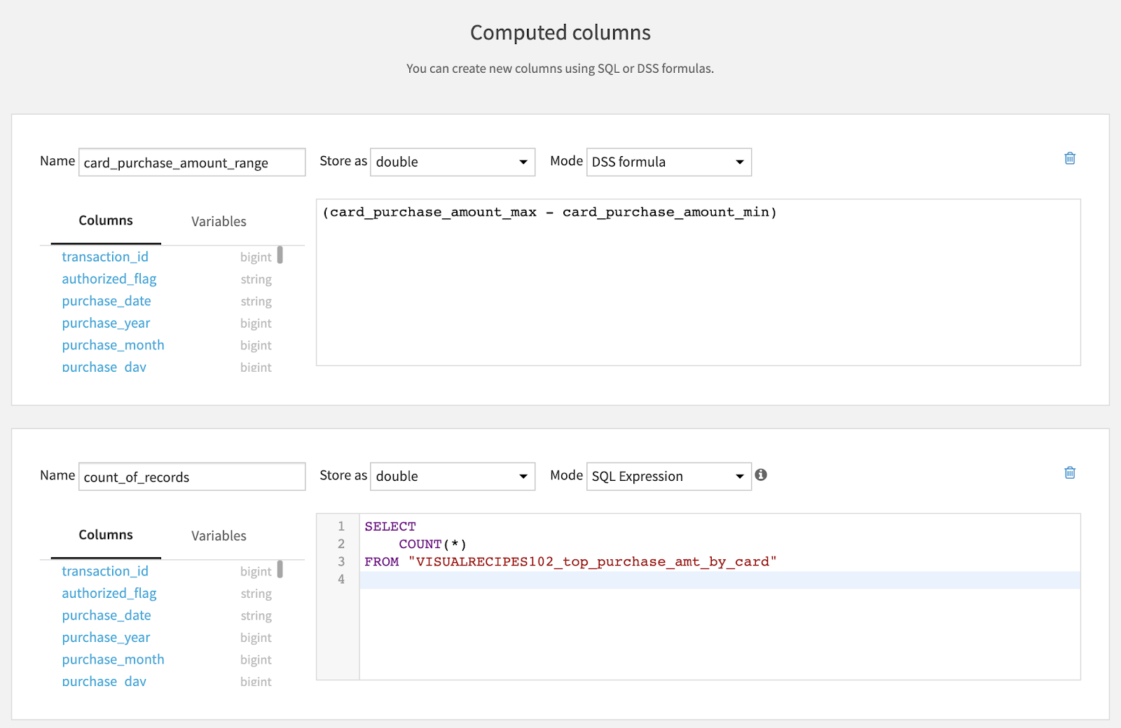 Dataiku screenshot of sample computed columns using a Formula and SQL.