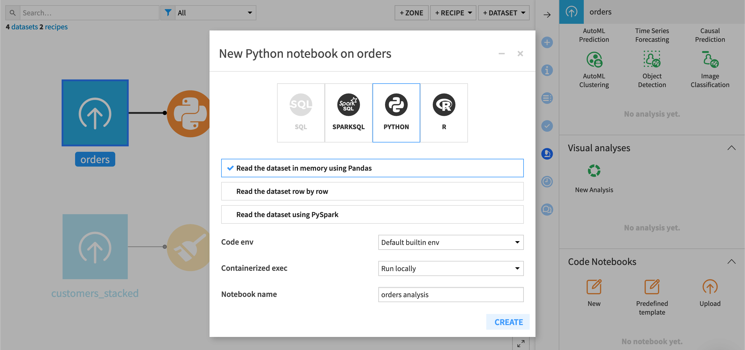 Dataiku screenshot of the dialog for creating a Python notebook from a dataset.