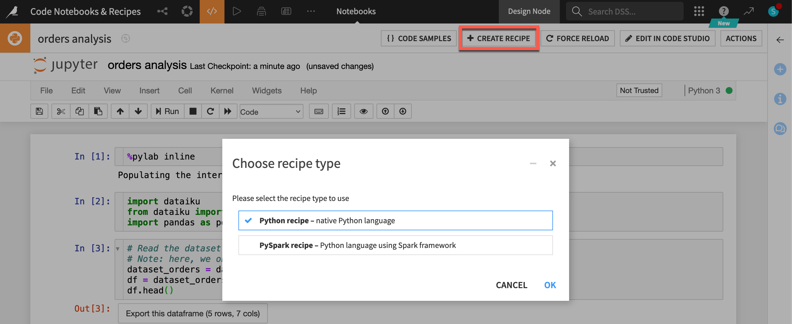 Dataiku screenshot of the dialog for creating a Python recipe from a notebook.