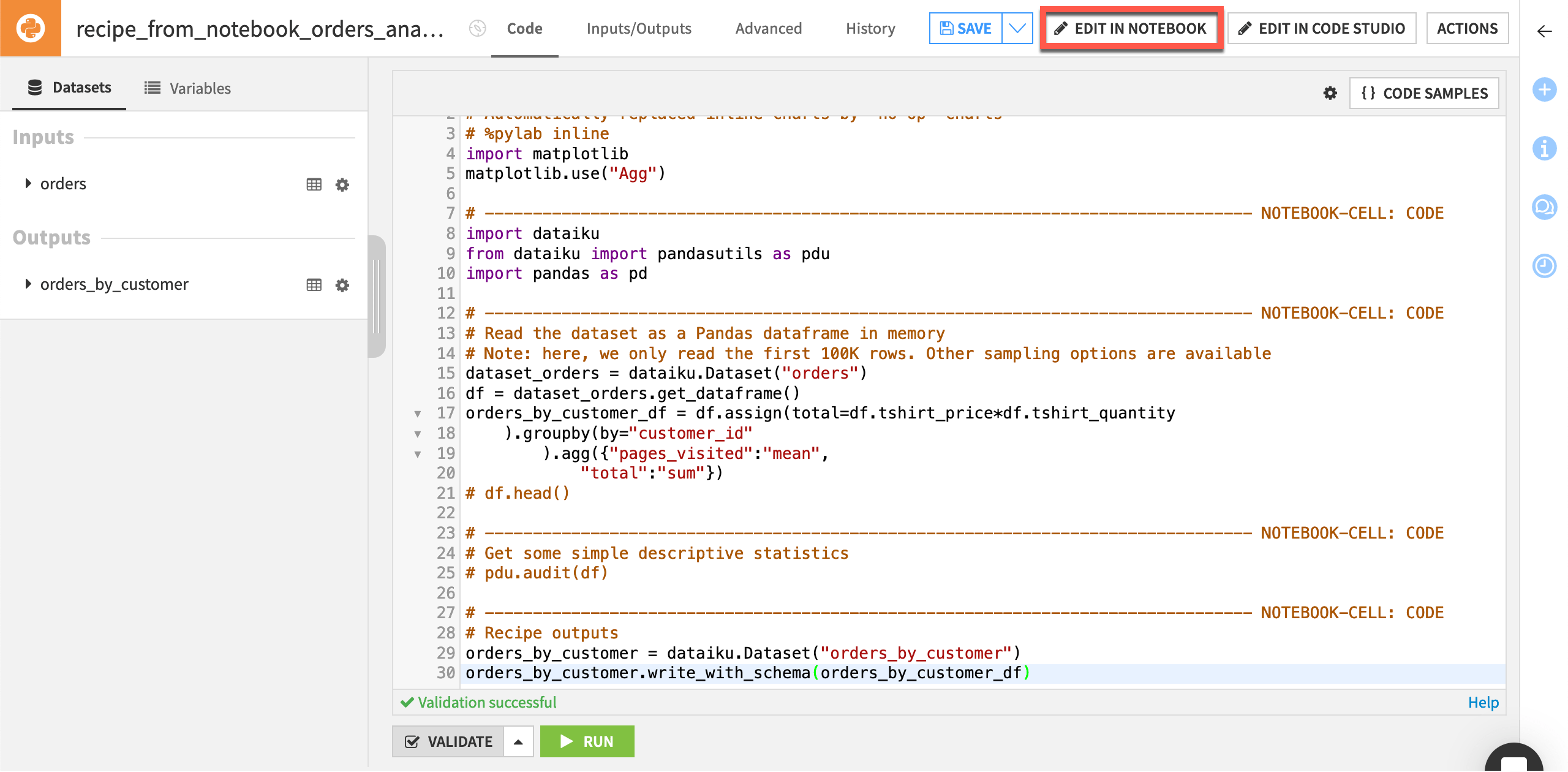 Dataiku screenshot of how to edit a code recipe from a notebook.