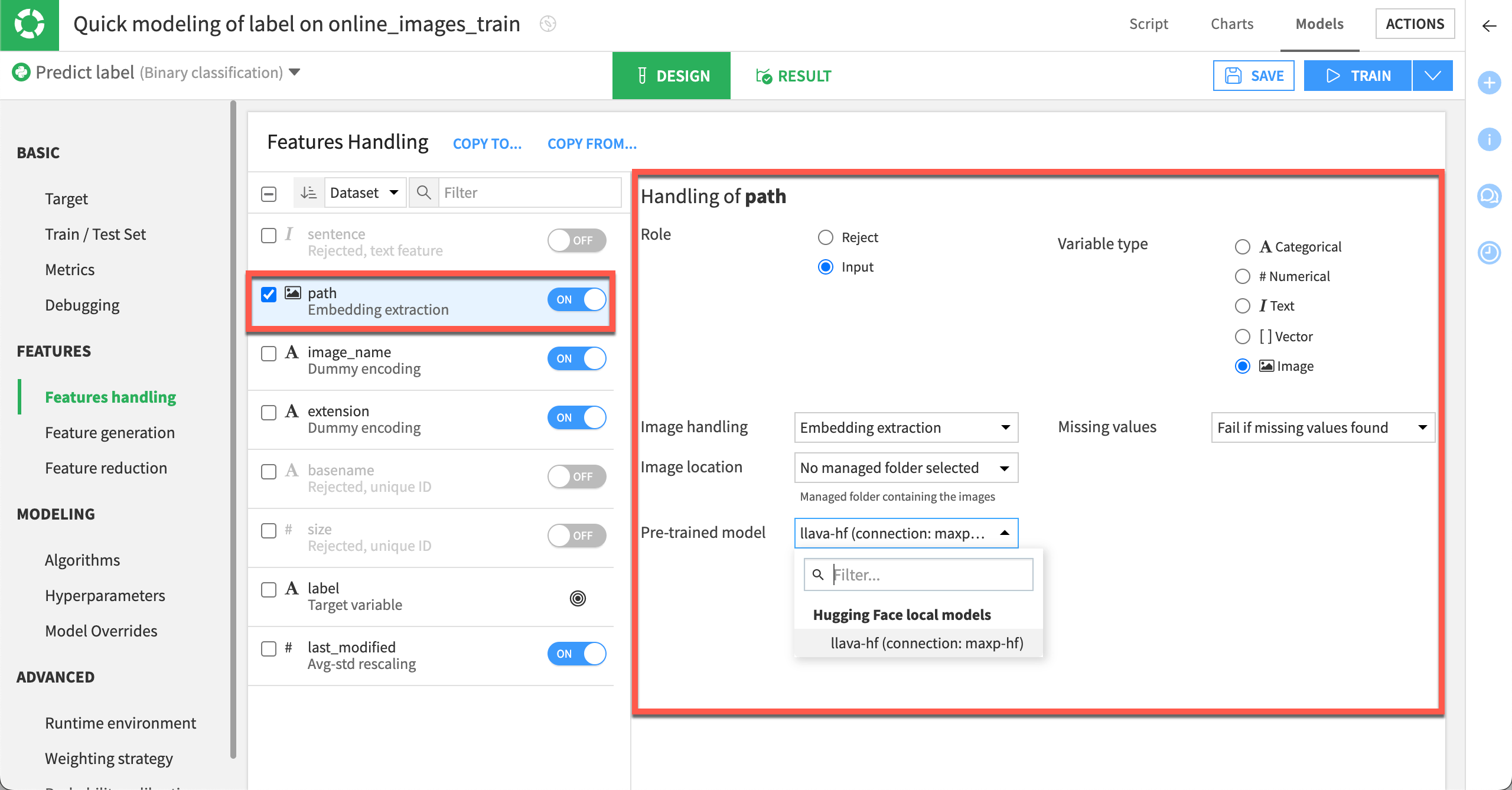 Dataiku screenshot showing the Features handling panel for multimodal inputs.