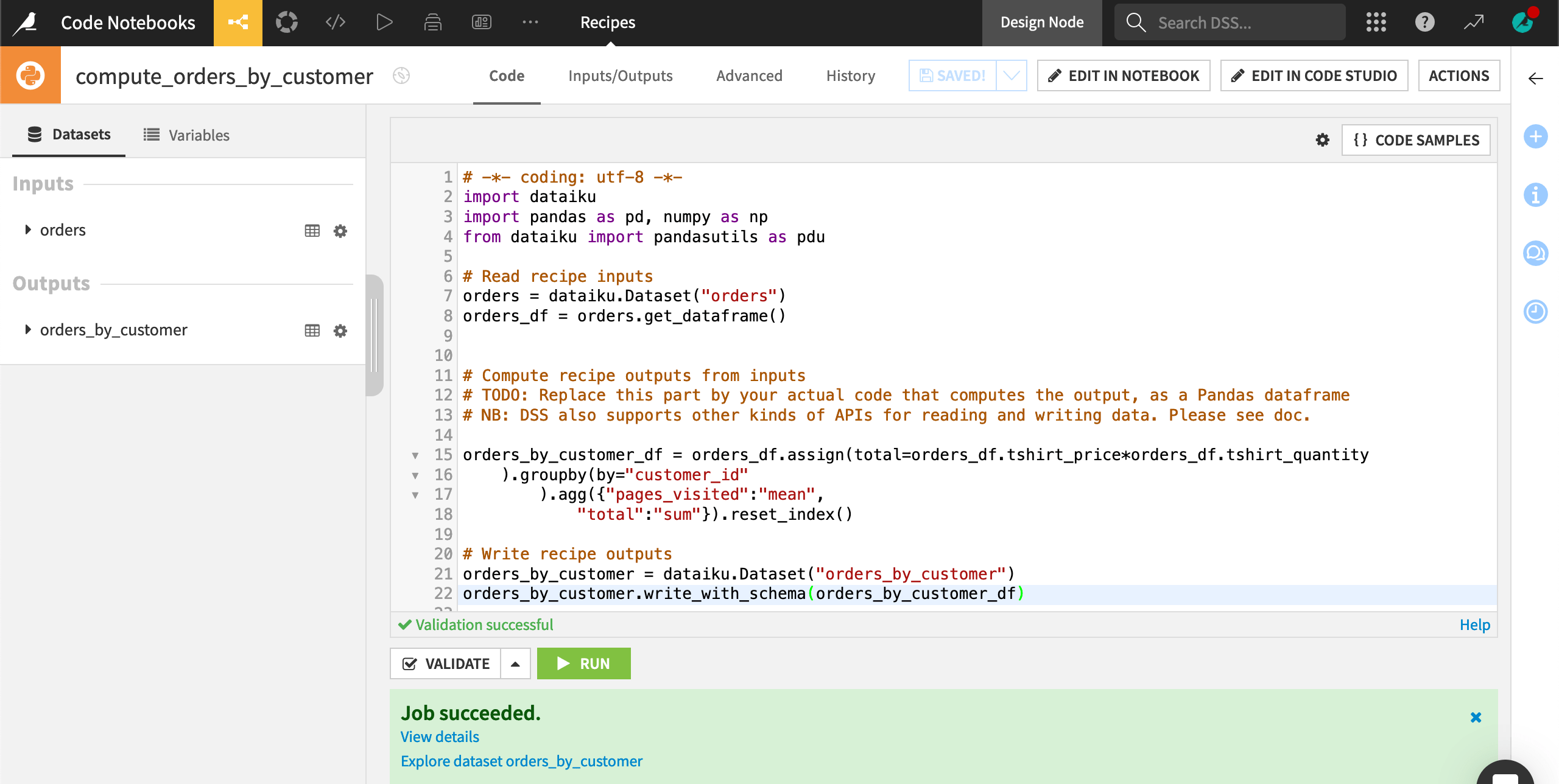 Dataiku screenshot of a code recipe having finished running.