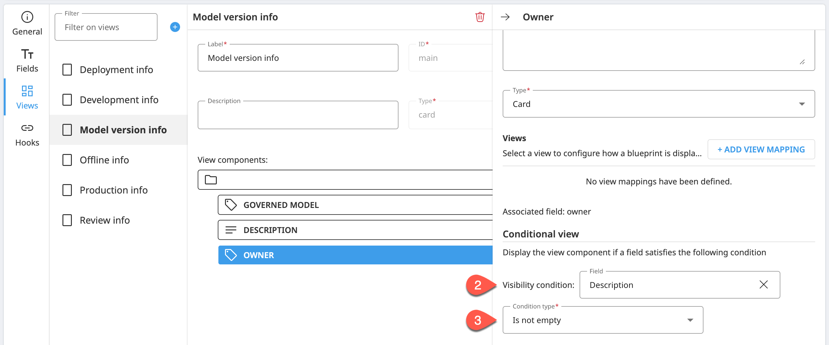 Dataiku screenshot highlighting the steps to add a conditional view to the Owner field.