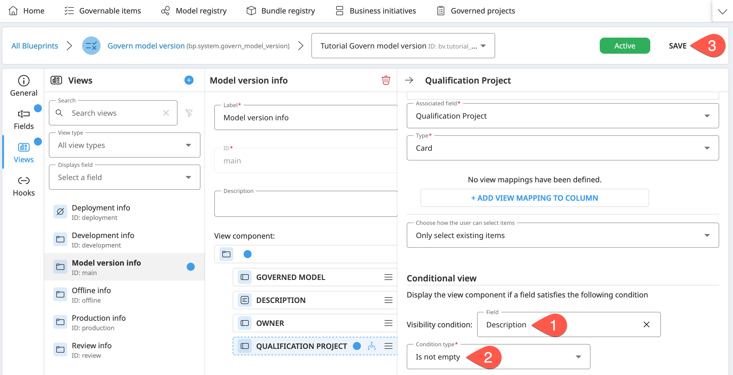 Dataiku screenshot highlighting the steps to add a conditional view to the Action Item field.