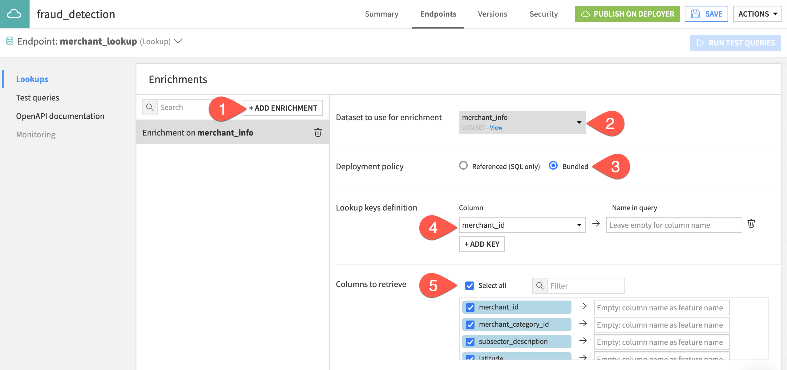 Dataiku screenshot of the configuration of a dataset lookup endpoint.