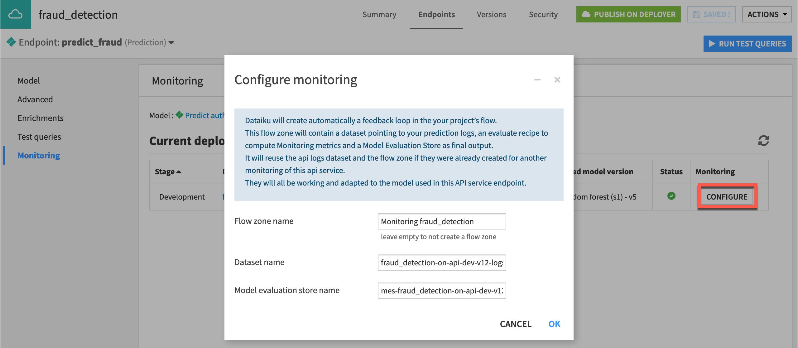Dataiku screenshot of the monitoring panel of an API endpoint.